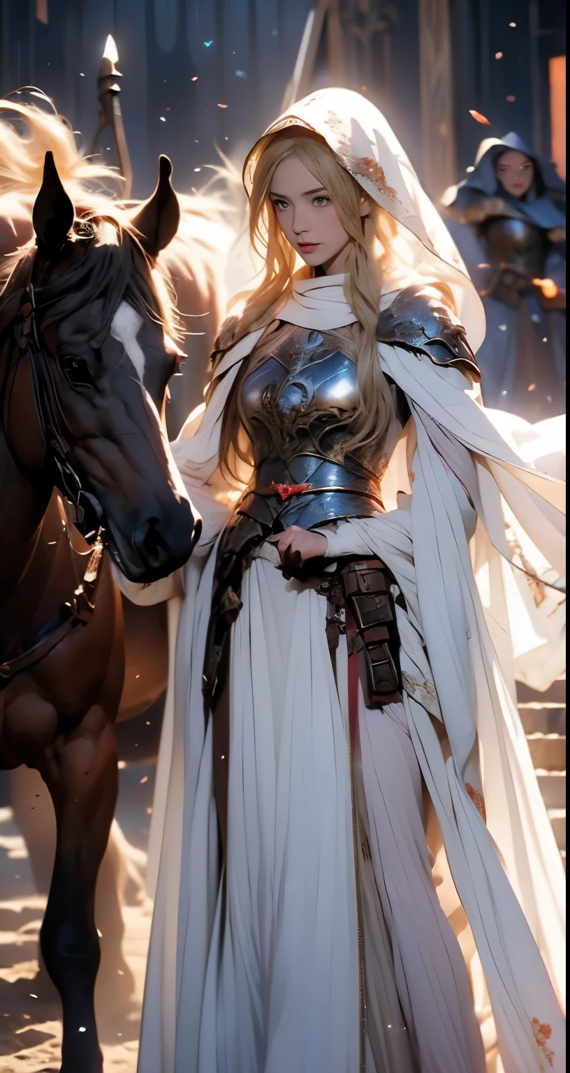 wearing a perfect hijab , around 17 years old, (plain red hijab), tmasterpiece,Best quality at best,A high resolution,8K,((Portrait)),(full body),Original photo,real photograph,digital photography,(Female adventurers in the medieval fantasy style),(Medieval Valkyrie in fantasy style), (Hair gradients of blonde and red),blue eye,long gradient hair,perfect breast (super huge round perfect breasts),An extravagant ornament,cparted lips,Keep your mouth shuegant and charming,((Blushing)),haughty contempt,Calm and handsome,(Medieval fantasy combat suit,The Beautiful breast,Medieval dress, ,clothes look see-through , nipples visible through the dress, small waist, perfect body, a red delicate pattern,white Cloak),(Woman warrior),Photo pose,medieval characters,medieval fantasy style,oc render reflection texture, sexy style, sexy breast, breast plate armor ( fire pattern) , road to castle background,