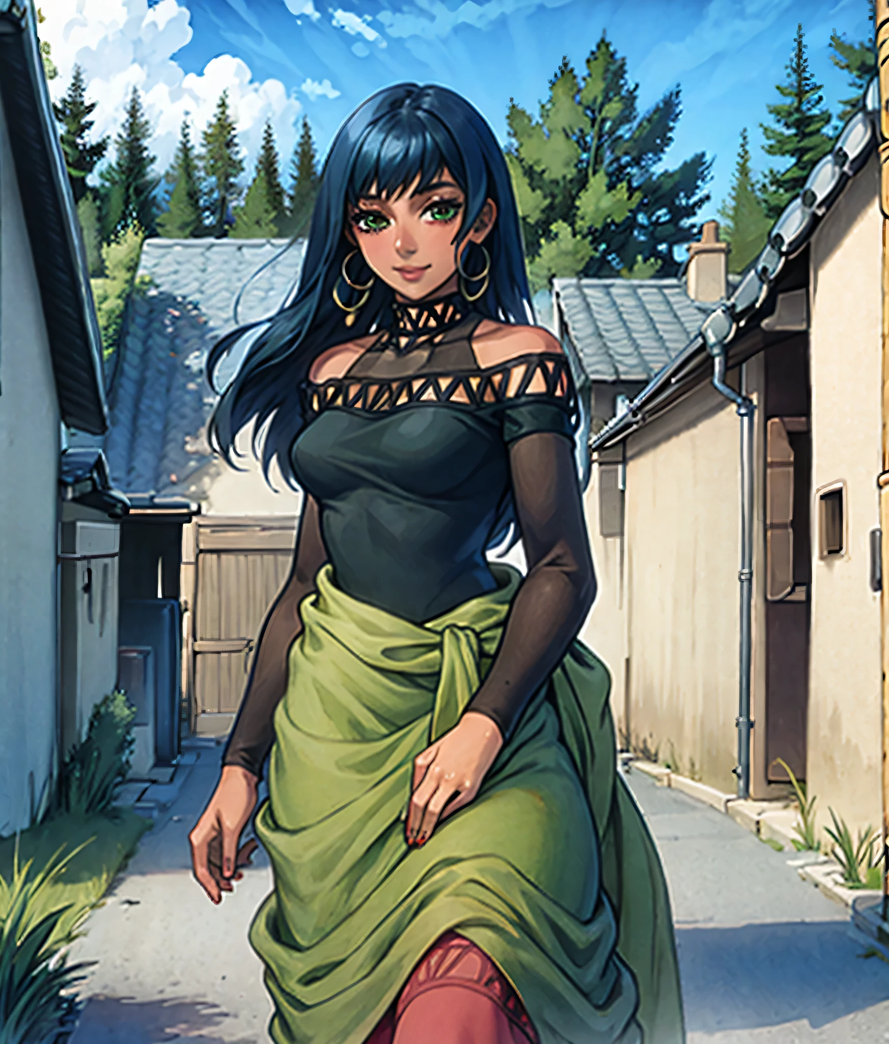 Rina, Anime screencap, masterpiece, best quality, detailed face, detailed eyes, 1girl, solo, standing, long hair, dark skin, black top, teasing smile, green pareo, sleeves, walking towards an alley, follow me gesture, cowboy shot, outdoors, medieval town, 