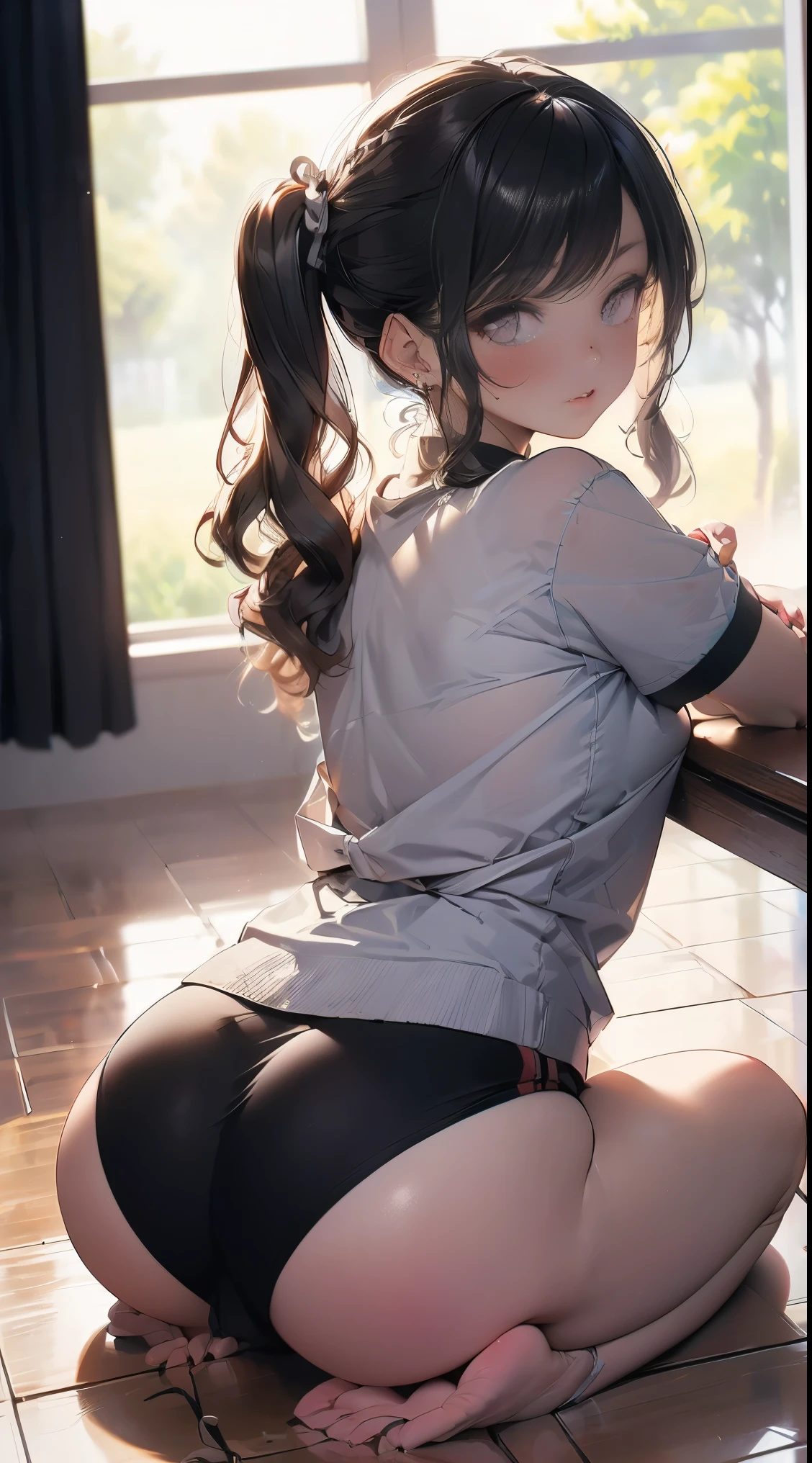 (kawaii:1.2),cute,high resolution,(incredibly absurdres:1.1),(hires.fix:1.3),anime visual,extremely detailed CG unity 8k wallpaper/beautiful girl,(school gym uniform,buruma),(detailed beautiful face:1.4),(detailed beautiful eyes),(wide hips:1.3),beautiful twintails,wavy hair,asymmetrical bangs/(wariza,sitting),perfect body,narrow waist,