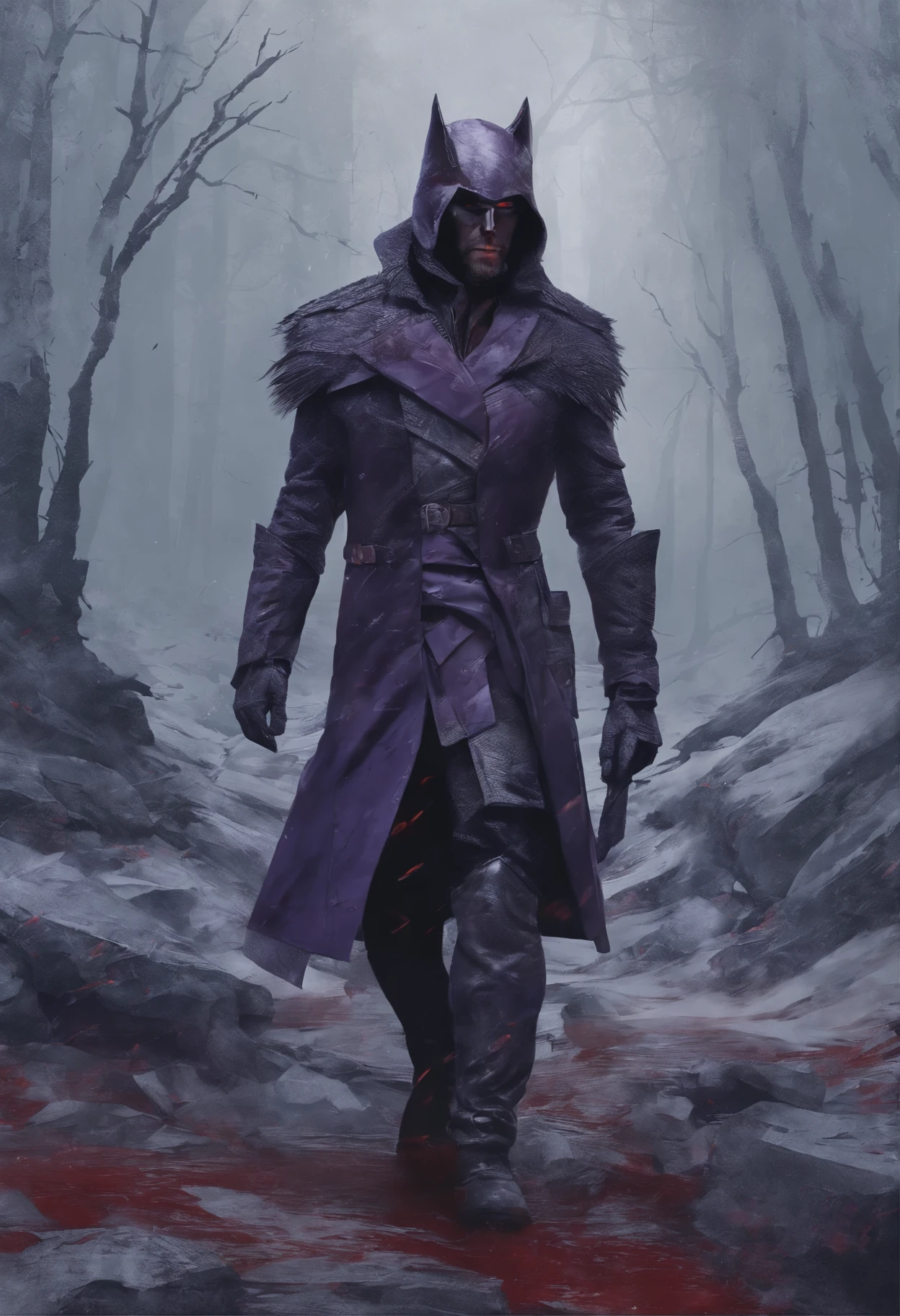 Inspired by Tom Hiddleston as an old werewolf, perfect centralization, Werewolf Fangs (Franco)De Donnie, Standing position, abstract beauty, Middle, Looking at the camera, facing the camera, approaching perfection, sad, despair, Full body Esbian, dynamic, very detailed, suave, sharp focus, 8K, High resolution, illustration, art:Kahne Griffith and Vadim Kashin, Abstract background of purple and red and blue marble