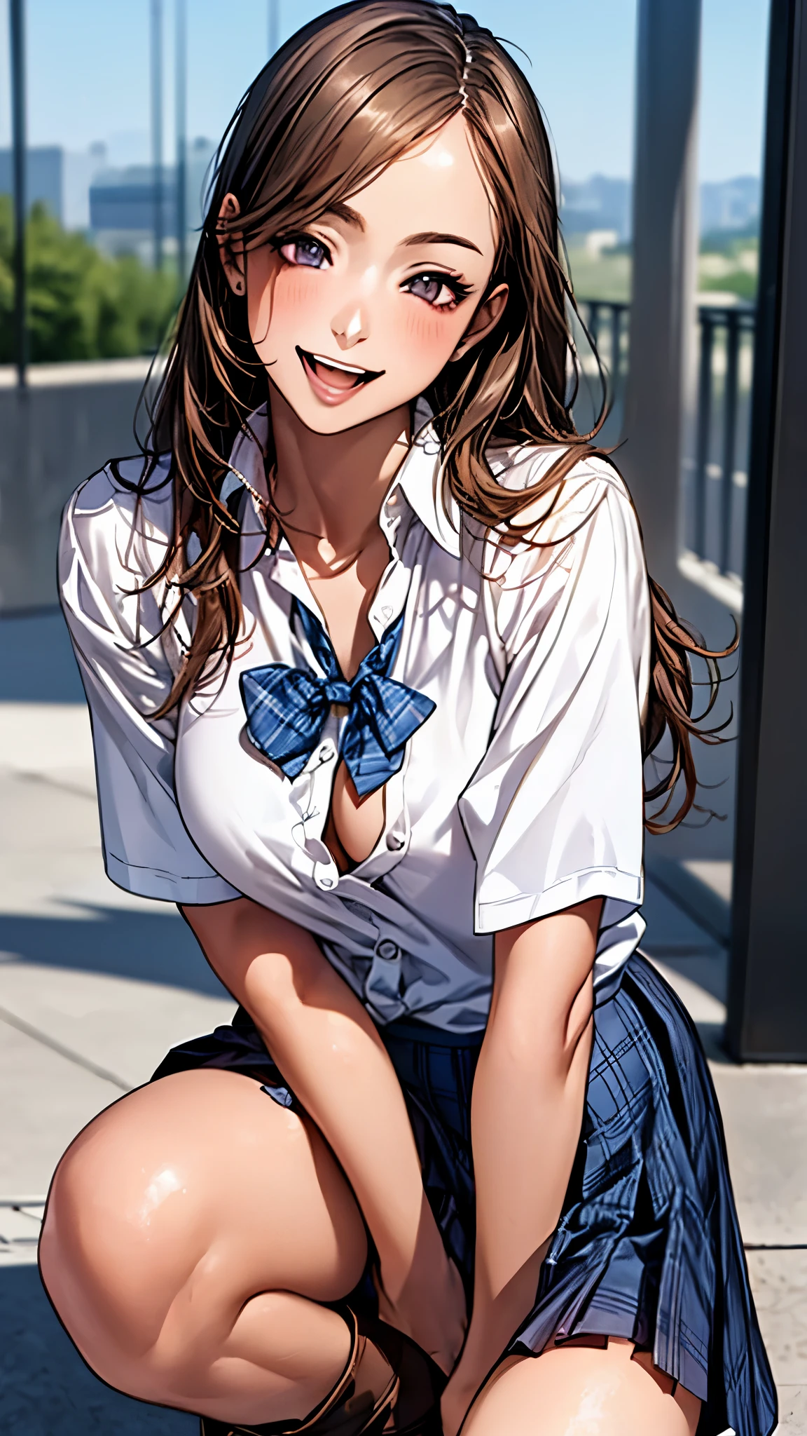 (masterpiece:1.2, top-quality), (realistic, photorealistic:1.4), beautiful illustration, (natural side lighting, movie lighting), 
looking at viewer, 1 girl, japanese, high school girl, perfect face, cute and symmetrical face, shiny skin, slender,
(middle hair:1.5, straight hair, light brown), parted bangs, long eye lasher, large breasts:0.8, 
beautiful hair, beautiful face, beautiful detailed eyes, beautiful clavicle, beautiful body, beautiful chest, beautiful thigh, beautiful legs, beautiful fingers, 
((short sleeve collared white shirt, open shirt, blue plaid pleated skirt, blue plaid bow tie), white boots), purple bra, purple panties, 
(beautiful scenery), morning, (shopping mall), walking, (cute, lovely smile, upper eyes, open mouth), 