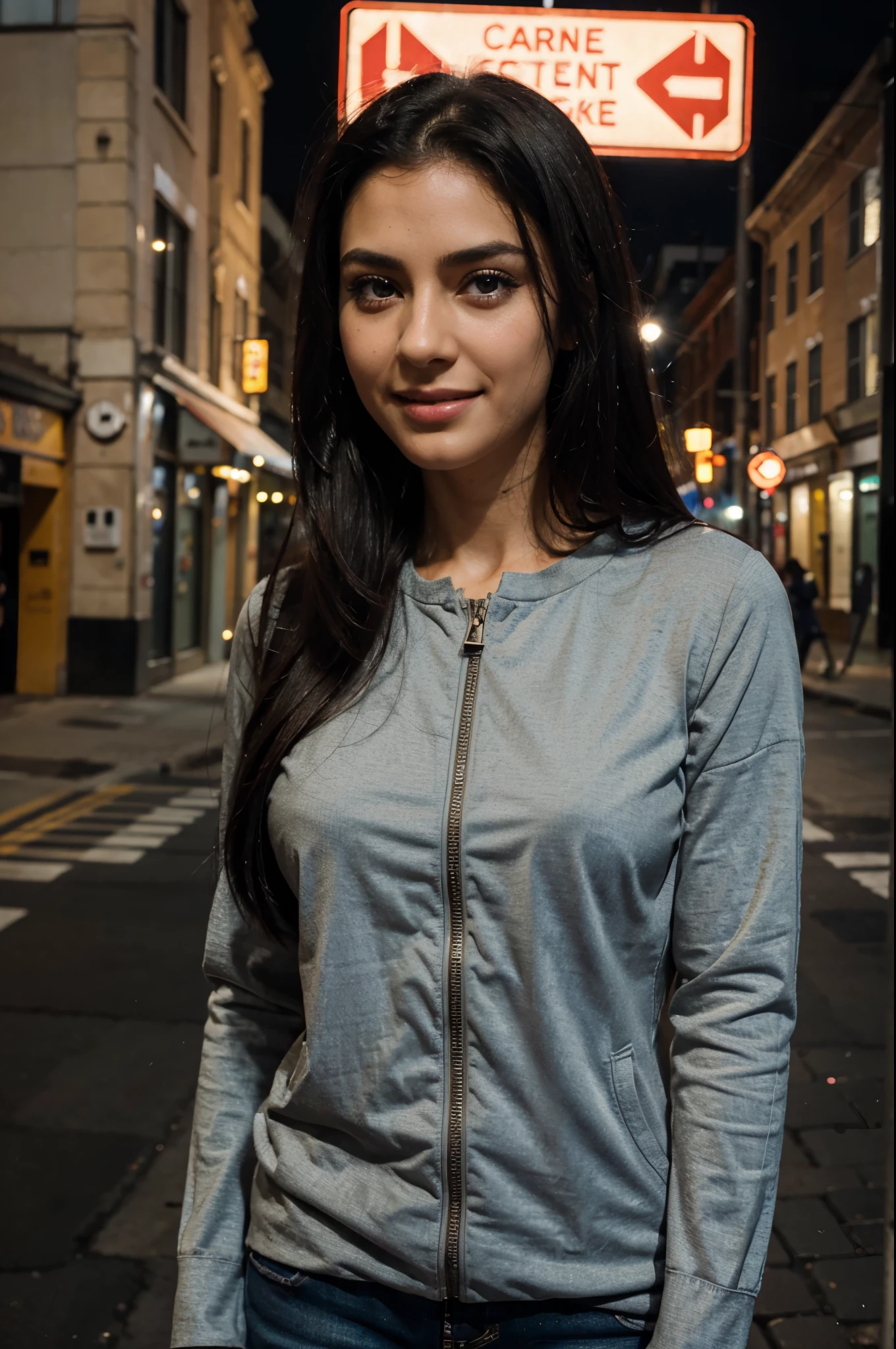 Arafed woman completely, Ultra realistic, meticulously detailed, detailed face,realistic eyes,realistic skin,dynamic pose, dynamic angle, black hair and big eyes, smiling, long hair cut, selfie of a young woman, Camera eyes, no makeup, natural makeup, staring directly at camera, subtle makeup, ((best quality)) perfect face, zipped longsleeve, on the street at night