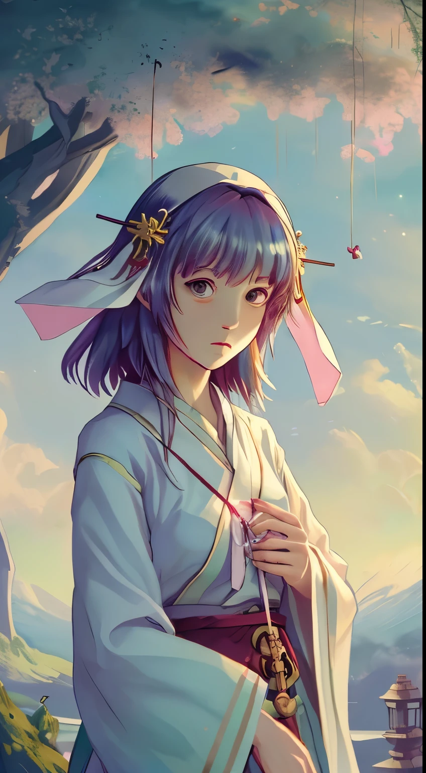 (1girl:1.3),solo,__body-parts__,, official art, unity 8k wallpaper, ultra detailed, beautiful and aesthetic, beautiful, masterpiece, best quality,Fantastical Atmosphere, Calming Palette, Tranquil Mood, Soft Shading,, Miko priestess, charm spell, talisman familiar, shrine maiden duties,