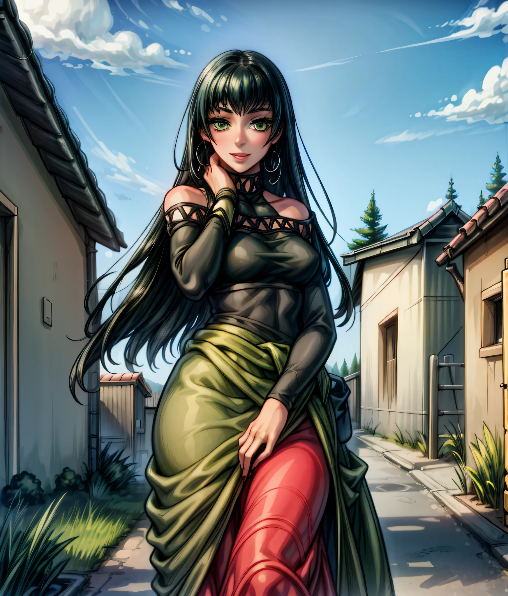 Rina, Anime screencap, masterpiece, best quality, detailed face, detailed eyes, 1girl, solo, standing, long hair, dark skin, black top, teasing smile, green pareo, sleeves, walking towards an alley, follow me gesture, cowboy shot, outdoors, medieval town,