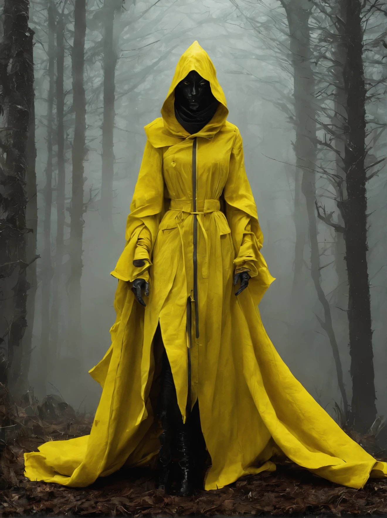 yellow nazgul, motion, surrealist, wolf, darkness, dark fantasy, dramatic light, by Aitor Throup, on foggy forest