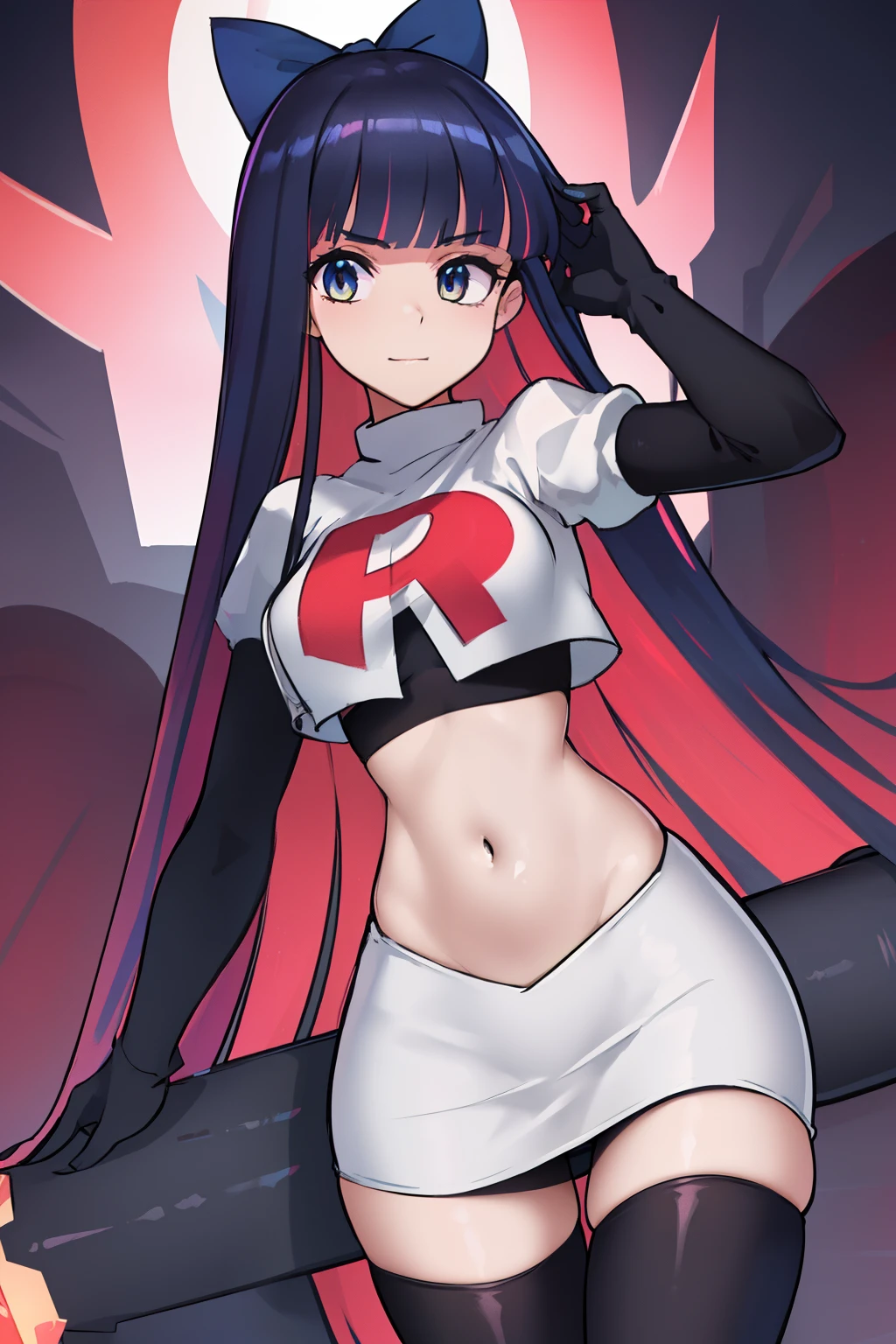 ((extreme detail)),(ultra-detailed),(painting), chiaroscuro, extremely detailed CG unity 8k wallpaper, best quality, anarchy stocking, hair bow, black adjusting hair, simple background, team rocket,team rocket uniform,white skirt,red letter R,crop top,black thigh-highs,black elbow gloves