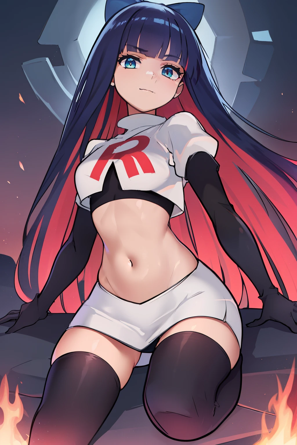 ((extreme detail)),(ultra-detailed),(painting), chiaroscuro, extremely detailed CG unity 8k wallpaper, best quality, anarchy stocking, hair bow, black adjusting hair, simple background, team rocket,team rocket uniform,white skirt,red letter R,crop top,black thigh-highs,black elbow gloves