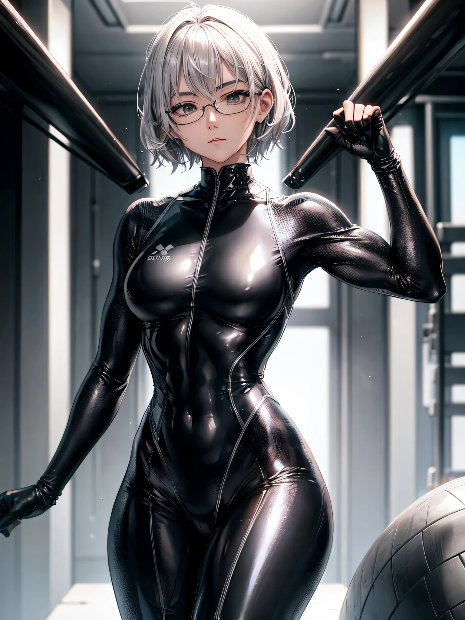 Top quality 8K UHD、short hair、silver hair、Glasses、logic、Beautiful woman wearing a full-body black metallic suit、black rubber suit that hides skin