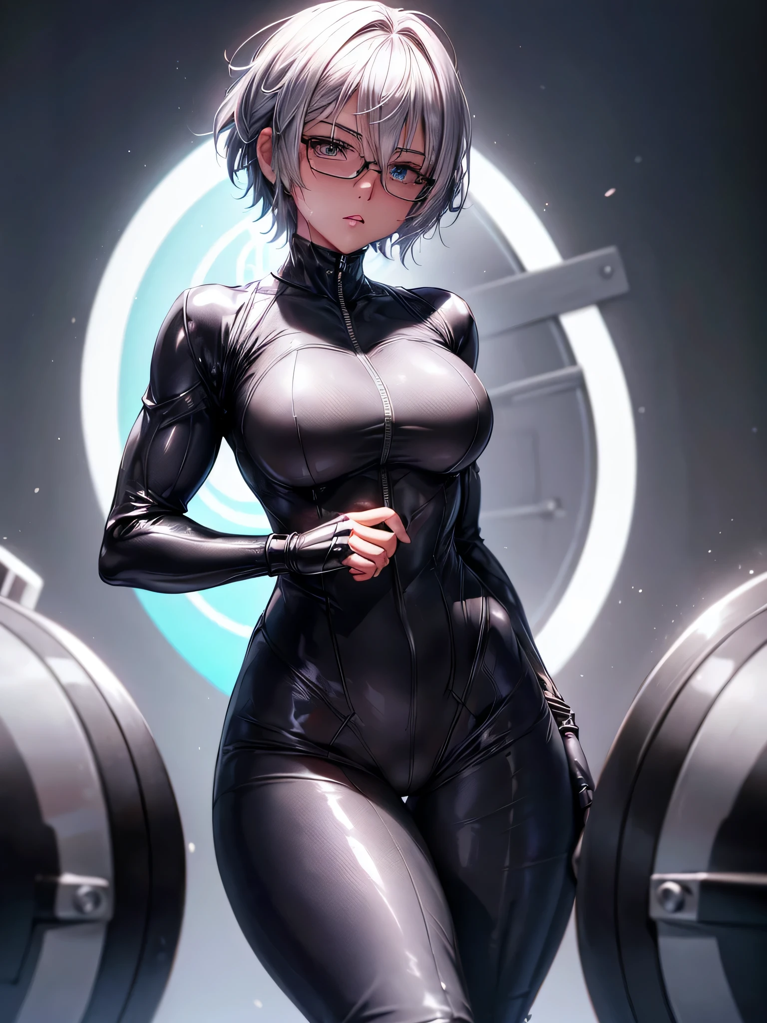 Top quality 8K UHD、short hair、silver hair、Glasses、logic、Beautiful woman wearing a full-body black metallic suit、black rubber suit that hides skin