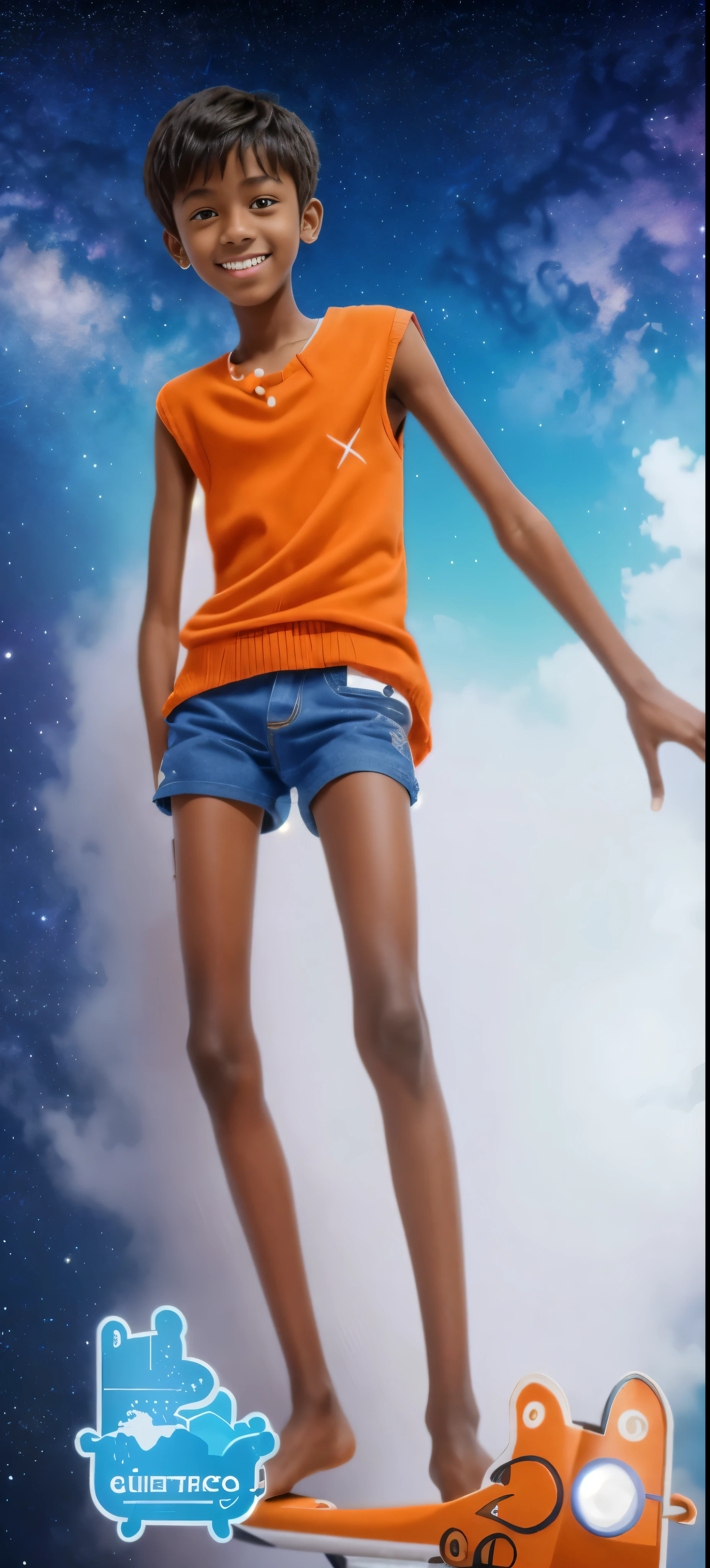 15 year old boy,bronzed skin,Orange knit shorts,Blue sleeveless vest,,big eyes,very short hair,Tall and skinny,full-body shot,a junior high school student,Toothy smile,Wear blue socks,realistic person,best quality,8k,space background,starry sky,Pluto,neptune,Jupiter,aurora