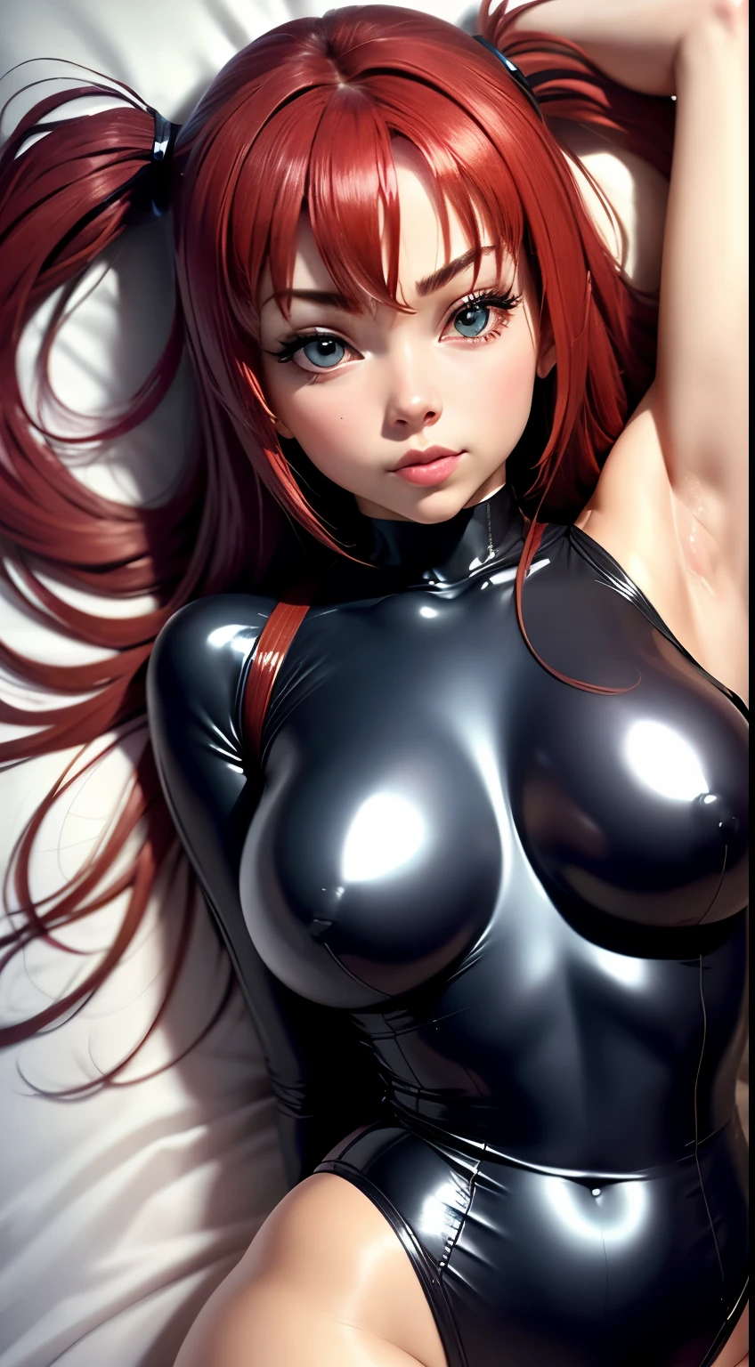 8k, Ultra Macro Photography, ((Rias Gremory)), huge breasts, latex outfit, shiny/glossy latex, erotic outfit, hyper holographic black latex, long hair, long bangs, defined thick thighs, NSFW, hentai, perfect makeup, (detailed eyes), light blue eyes, red hair, loose hairstyle, eyelashes, :o, bedroom, ((lying on bed)), top view, (eyes looking at viewer)