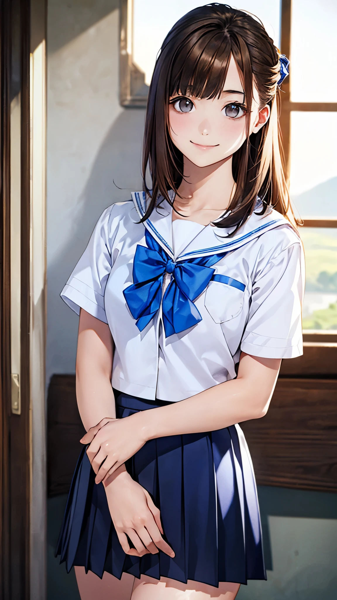 (masterpiece:1.2, top-quality), (realistic, photorealistic:1.4), beautiful illustration, (natural side lighting, movie lighting),
looking at viewer, 1 girl, japanese, junior high school girl, 12 years old, perfect face, cute and symmetrical face, shiny skin, slender,
(middle hair:1.2, half updo:1.4, light brown hair), asymmetrical bangs, brown eyes, long eye lasher, (medium breasts:0.7),
beautiful hair, beautiful face, beautiful detailed eyes, beautiful clavicle, beautiful body, beautiful chests, beautiful thigh, beautiful legs, beautiful fingers,
((detailed cloth texture, short sleeve white collared shirt, blue pleated mini skirt, blue bow tai)),
(beautiful scenery), evening, (riverside), standing, (cute, lovely smile, upper eyes),