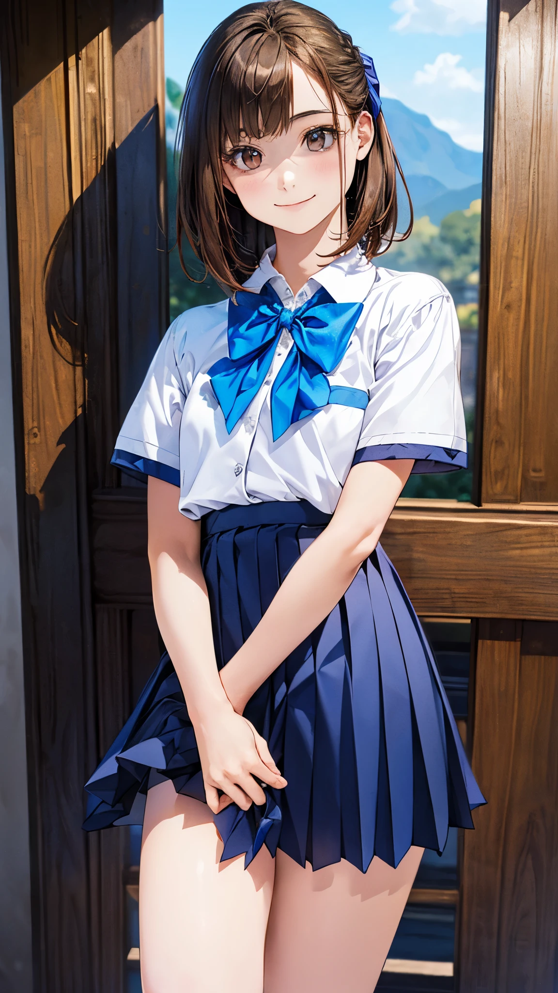 (masterpiece:1.2, top-quality), (realistic, photorealistic:1.4), beautiful illustration, (natural side lighting, movie lighting), 
looking at viewer, 1 girl, japanese, junior high school girl, 12 years old, perfect face, cute and symmetrical face, shiny skin, slender, 
(middle hair:1.2, half updo:1.4, light brown hair), asymmetrical bangs, brown eyes, long eye lasher, (medium breasts:0.7), 
beautiful hair, beautiful face, beautiful detailed eyes, beautiful clavicle, beautiful body, beautiful chests, beautiful thigh, beautiful legs, beautiful fingers, 
((detailed cloth texture, short sleeve white collared shirt, blue pleated mini skirt, blue bow tai)), 
(beautiful scenery), evening, (riverside), standing, (cute, lovely smile, upper eyes),
