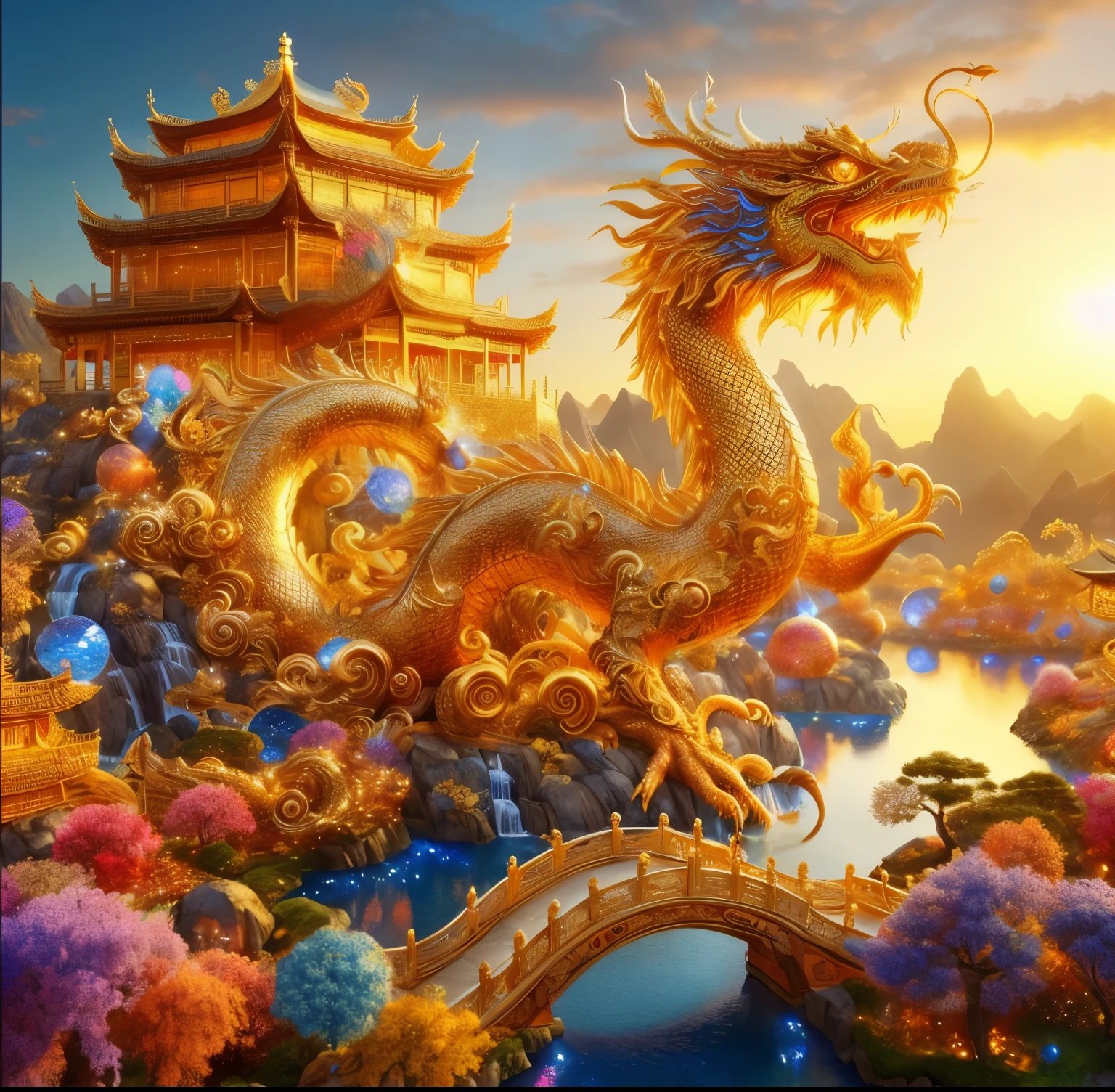 (best quality,4k,8k,highres,masterpiece:1.2),ultra-detailed,(realistic,photorealistic,photo-realistic:1.37), A close-up of a dragon sculpture on a bridge over a river. The dragon is made of gold and exquisitely detailed. It is a high-resolution digital artwork with a Chinese fantasy theme. The artwork is created in 8k, showcasing the finest quality and level of detail. The concept of the artwork revolves around the mythical Chinese dragon, portrayed in a vibrant blue tone, creating a mesmerizing fantasy. The digital artwork is meticulously crafted, capturing every intricate detail of the dragon. It is a stunning and immersive piece of fantasy art, showcasing the beauty and intricacy of the dragon sculpture. The artwork is created with the utmost attention to detail, providing a highly detailed and captivating visual experience. The digital artwork is rendered in 4K resolution, ensuring a high level of detail and precision. It is a masterpiece in the realm of digital art, showcasing the fusion of traditional Chinese dragon concept and modern digital art techniques.