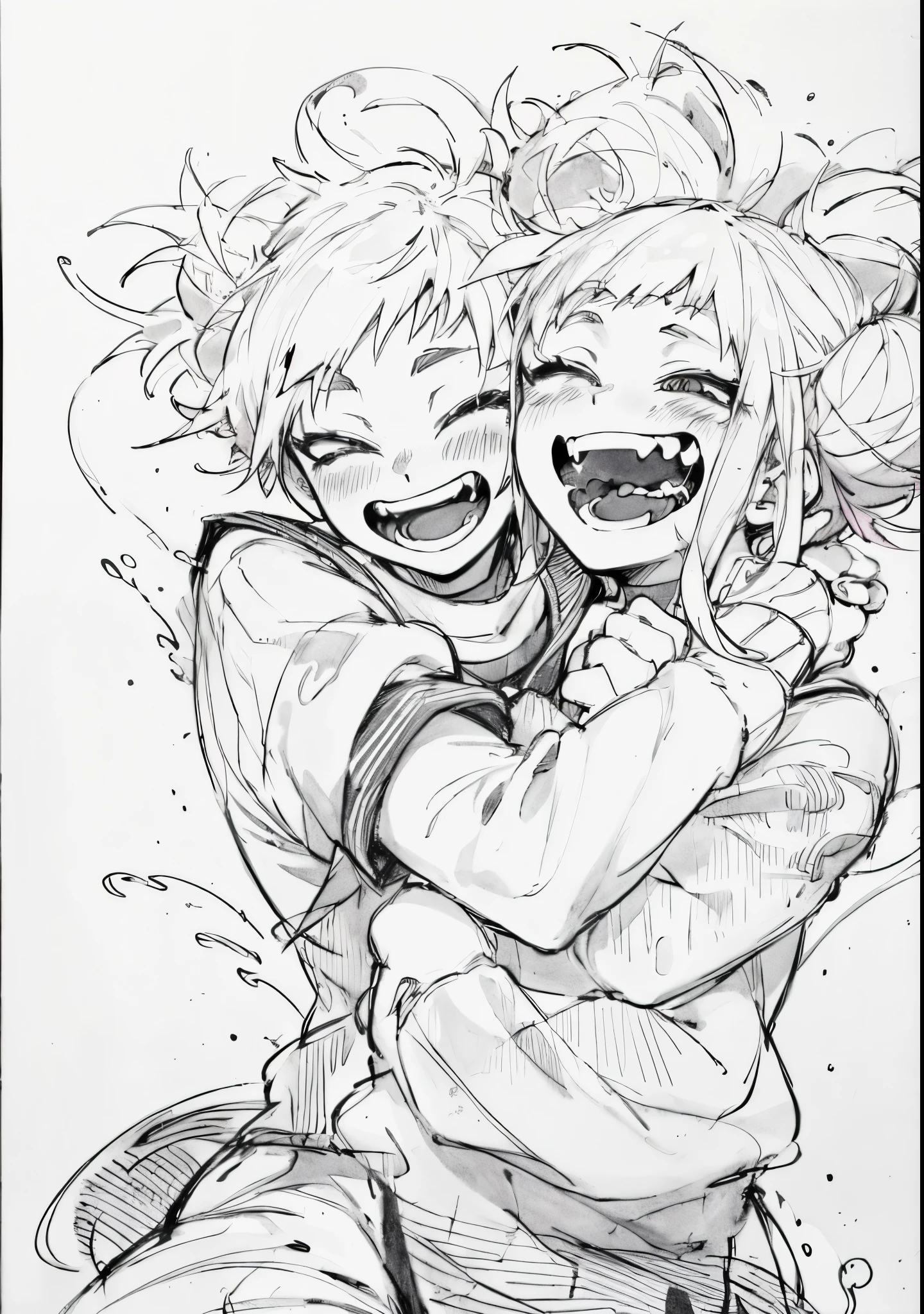 a drawing of two anime characters hugging each other, both laughing, jazza and rossdraws, giggling, kda and sam yang, extremely fine ink lineart, high quality sketch, hugging each other, sisters, [[[[grinning evily]]]], laughing, by Kamagurka, wow, (inktober), high quality fanart