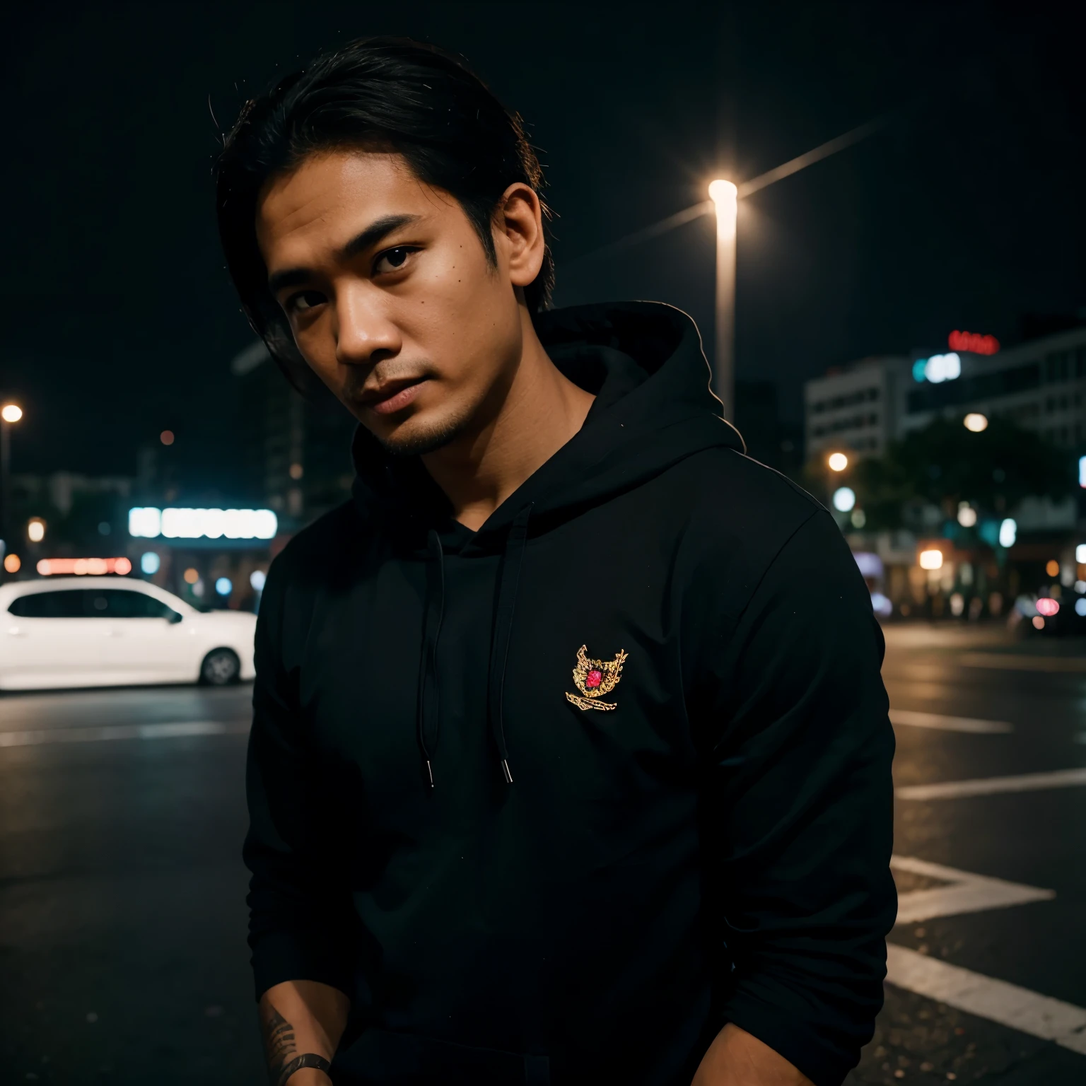 RAW photo, portrait photo of 36 year old Indonesian man wearing black hoodie, night jakarta, (high detail skin: 1.2), 8k uhd, dslr, soft lighting, high quality, film grain, Fujifilm XT3