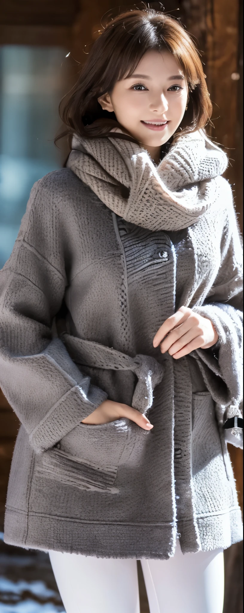 (((32K,very high res, high detailing, highly accurate,Masterpiece Girl 1:1.5))), Raw photo & realistic atmosphere, beautiful dark blue eyes,Detailed mouth,Glossy lips,Detailed eyebrows,Soft white skin that shines with every detail, Eyes drawn in detail(Full body:1), 1 noble elegant Japanese lady, (standing contrapposte), winter season, ((black color coodinate, wearing over-size nouton coat, winter fluffy scarf, grey long skirt, legging, wearing long boots)), Shiny, Smile, Looks like 1.8 meters tall, large pelvis, Large , big cuvy hips, Thin waist, Long legs, skin hyper-detail, 20 years old, Perfect face, (Detailed facial features), Wavy hair, Daylight, winter season, snazzy cafe,