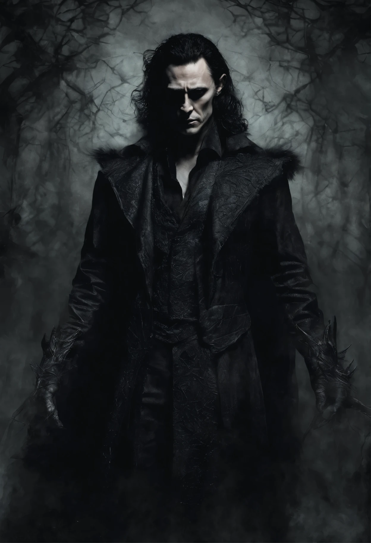 Loki Male, Inspired by Tom Hiddleston's Werewolf. Werewolf special makeup on face, perfect focus, (Franco) de Donnie, standing, abstract beauty, centered, looking at camera, facing camera, perfectly close, sad, despair, full body, dynamic, highly detailed, smooth, sharp focus, in 8K, high resolution Illustration, Art by Carne Griffith and Wadim Kassin, Black background
