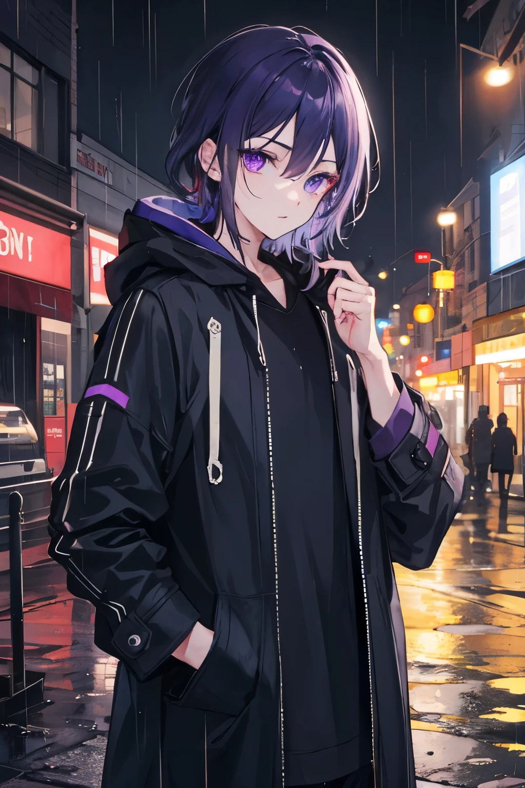 masterpiece, highest quality, 1 boy, City of night, rain, coat,hood, detailed face, fine eyes, beautiful purple eyes, looking at the viewer, put one&#39;s hand in one&#39;s pocket