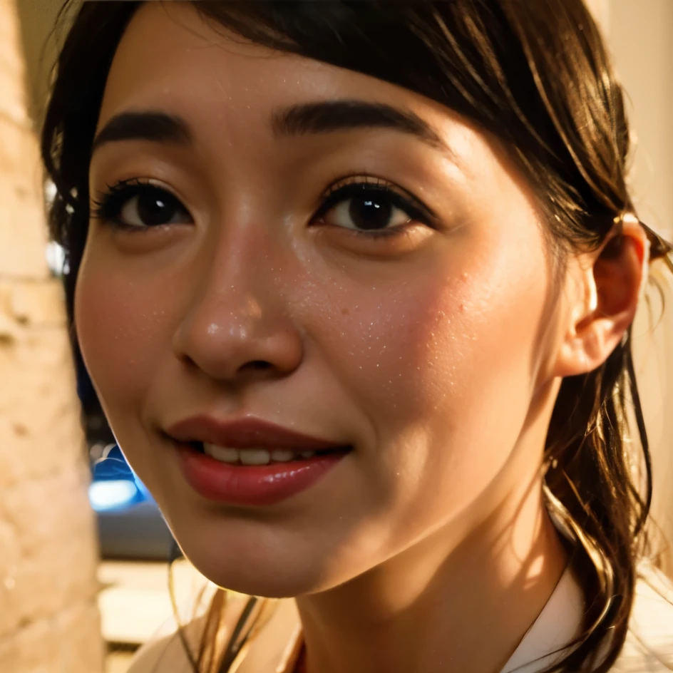 There is a woman smiling and holding a mobile phone, yayoi kasuma, pop japonism 3d super detailed, focus on facial details!!!!!!, Cinematic close-up bust shot, katsuhuro otomo highly detailed, highly detailed giant shot, 8k highly detailed face, Another close up of Iwakura, have a highly detailed face