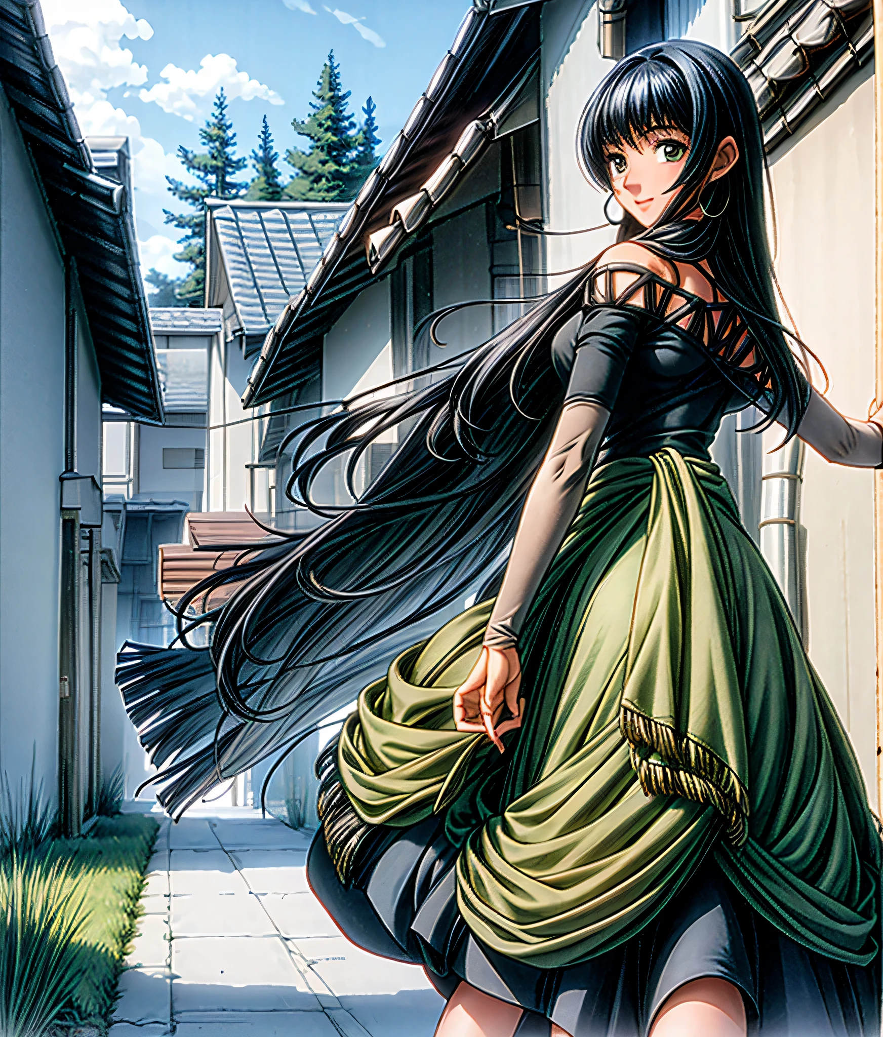 Rina, Anime screencap, masterpiece, best quality, detailed face, detailed eyes, 1girl, solo, standing, long hair, dark skin, black top, teasing smile, green pareo, sleeves, walking towards an alley, follow me gesture, cowboy shot, outdoors, medieval town,