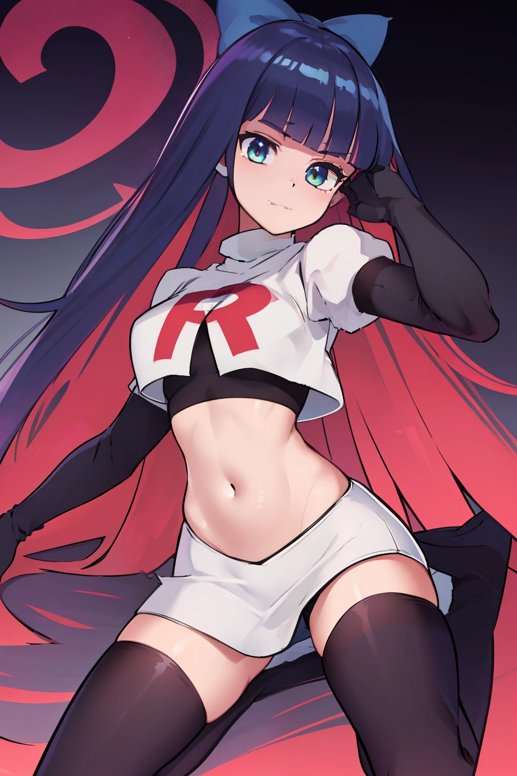 ((extreme detail)),(ultra-detailed),(painting), chiaroscuro, extremely detailed CG unity 8k wallpaper, best quality, anarchy stocking, hair bow, black adjusting hair, simple background, team rocket,team rocket uniform,white skirt,red letter R,crop top,black thigh-highs,black elbow gloves