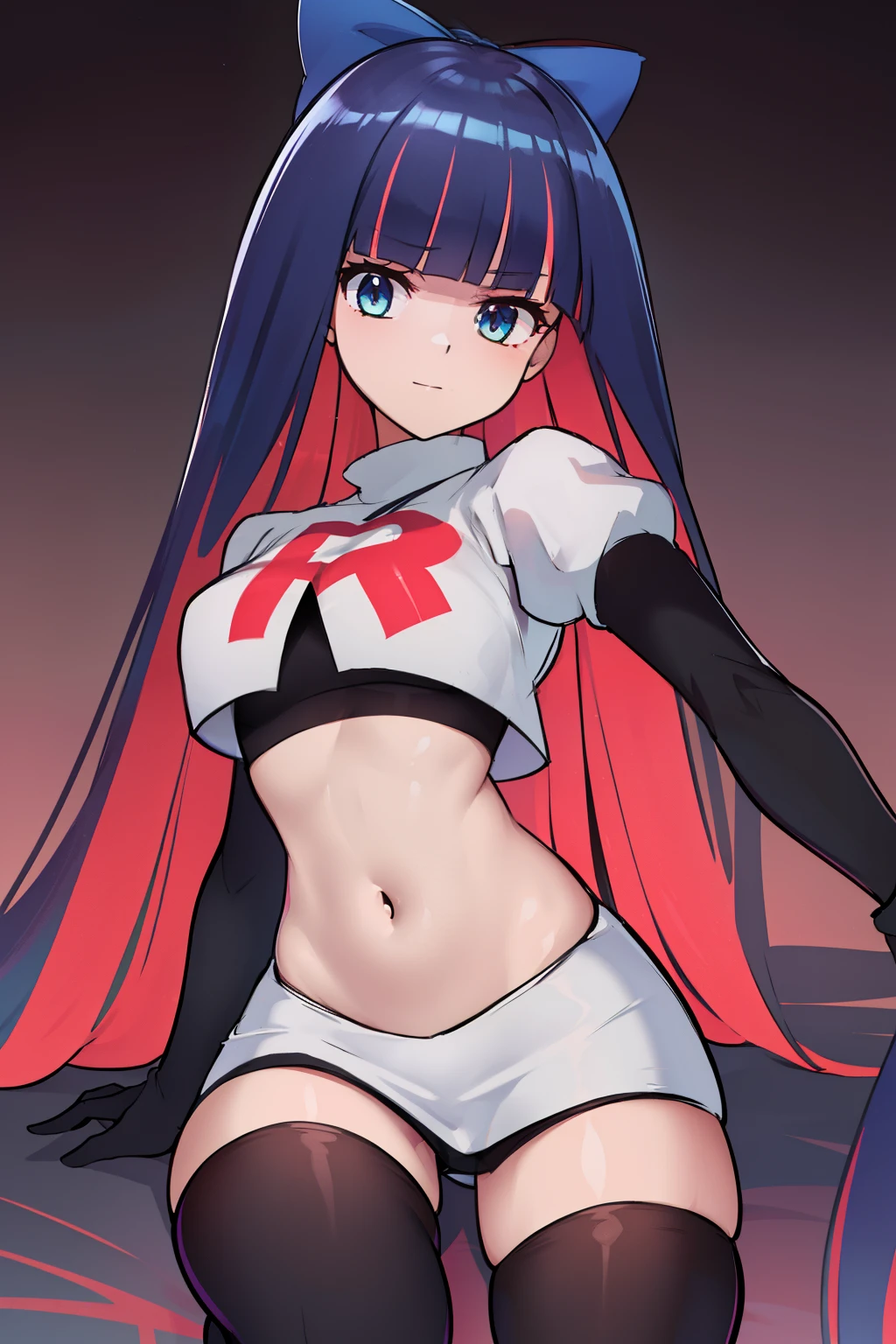 ((extreme detail)),(ultra-detailed),(painting), chiaroscuro, extremely detailed CG unity 8k wallpaper, best quality, anarchy stocking, hair bow, black adjusting hair, simple background, team rocket,team rocket uniform,white skirt,red letter R,crop top,black thigh-highs,black elbow gloves