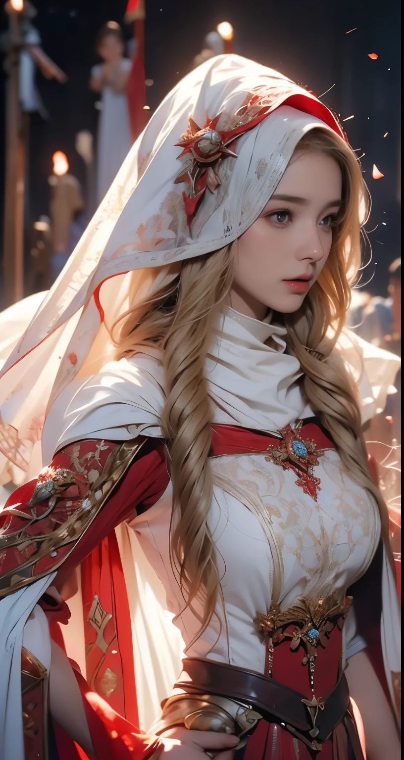 wearing a perfect hijab , around 17 years old, (plain red hijab), tmasterpiece，Best quality at best，A high resolution，8K，((Portrait))，(upper body)，Original photo，real photograph，digital photography，(Female princess in the medieval fantasy style)，(Medieval princess in fantasy style), (Hair gradients of blonde and red)，blue eye，long gradient  hair，perfect breast (super huge round perfect breasts)，An extravagant ornament，cparted lips，Keep your mouth shuegant and charming，((Blushing))，haughty contempt，Calm and handsome，(Medieval fantasy combat suit，The Beautiful breast，Medieval dress, ，clothes look see-through ,  nipples visible through the dress,nipples visible through the dress, small waist, perfect body, a red delicate pattern，white Cloak)，(princess)，Photo pose，medieval characters，medieval fantasy style，oc render reflection texture, sexy style,  sexy breast, breast holder ( fire pattern) , road to castle background, 
