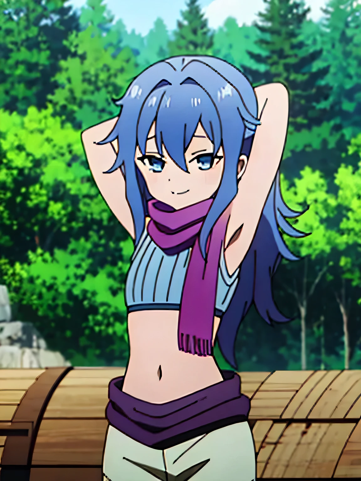 masterpiece, best quality, kunoichi_hagi, blue eyes, blue hair, long hair, crop top, sleeveless, purple scarf, shorts, anime, closed mouth, solo, cowboy shot, night sky, forest, arms behind head, contrapposto, shy smile, spread armpits, shy smile, looking at viewer,