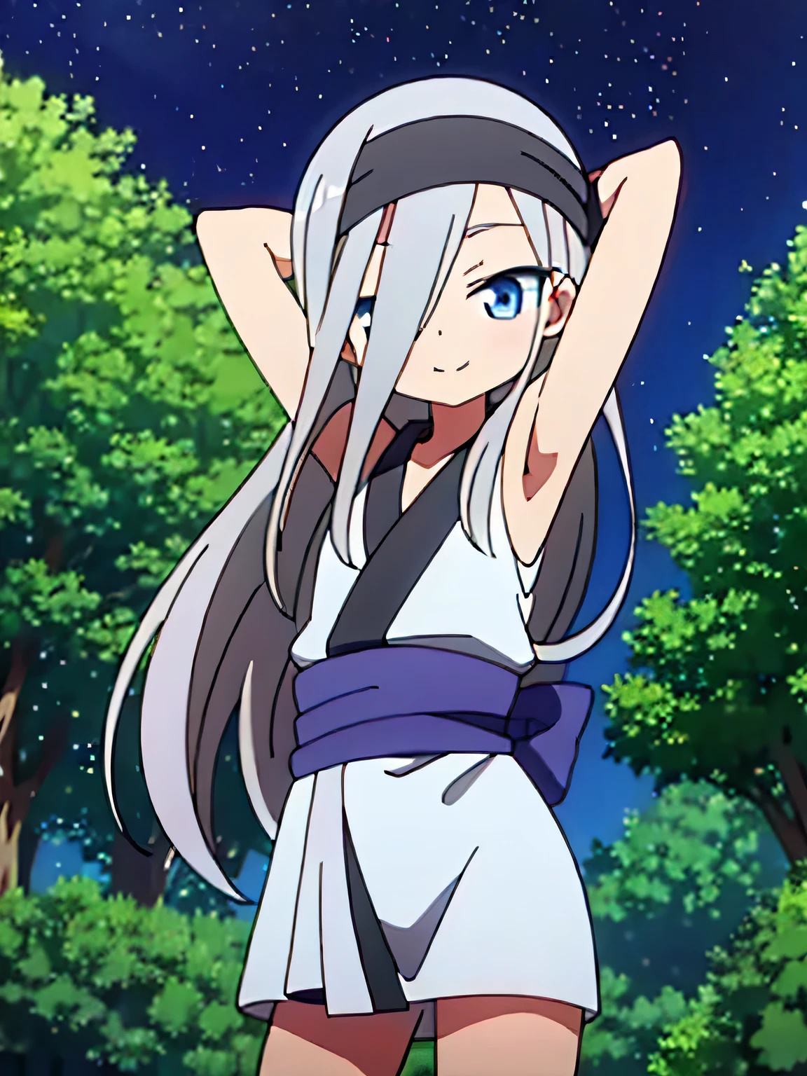 masterpiece, best quality, kunoichi_hototogisu, blue eyes, gray hair, long hair, hair over one eye, anime, closed mouth, solo, cowboy shot, night sky, forest, {arms behind head}, contrapposto, shy smile, spread armpits, shy smile,