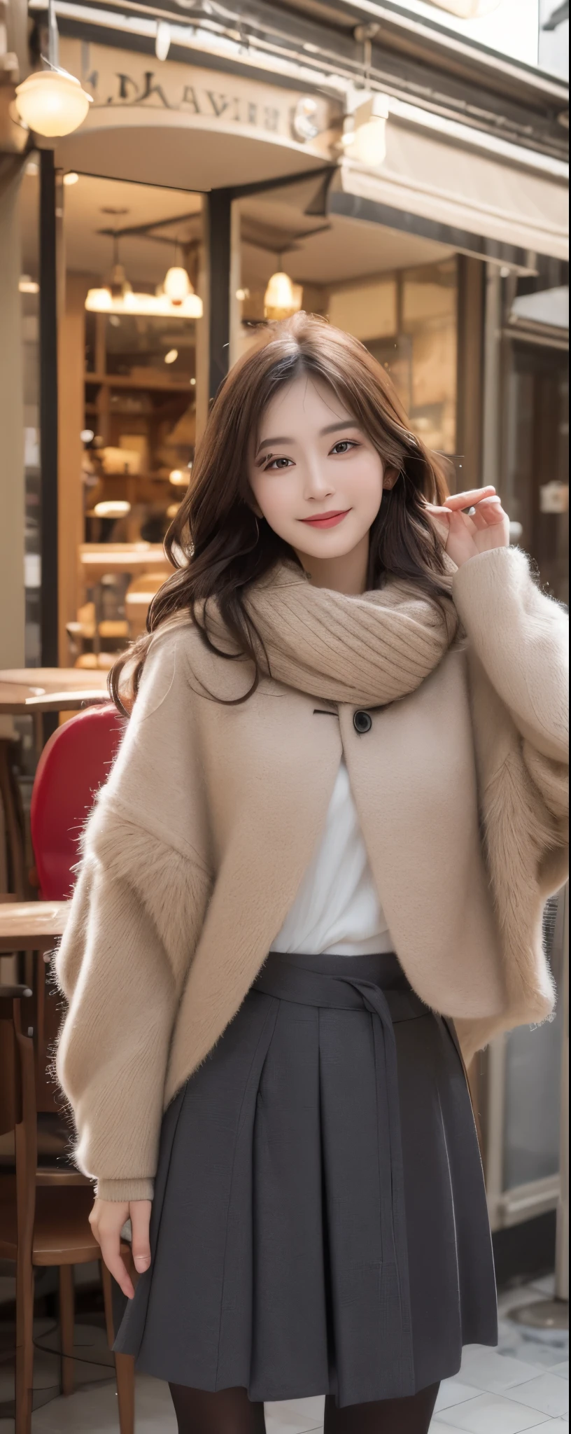 (8k, RAW photos, top quality, masterpiece: 1.2, ultra detailed, super resolution, real photos: 1.37), (Full body photo), 1 noble elegant Japanese lady, (standing contrapposte), winter season, ((black color coodinate, wearing over-size nouton coat, winter fluffy scarf, grey long skirt, legging, wearing long boots)), Shiny, Smile, Looks like 1.8 meters tall, large pelvis, Large breasts, big cuvy hips, Thin waist, Long legs, skin hyper-detail, 20 years old, Perfect face, (Detailed facial features), Wavy hair, Daylight, winter season, snazzy cafe,