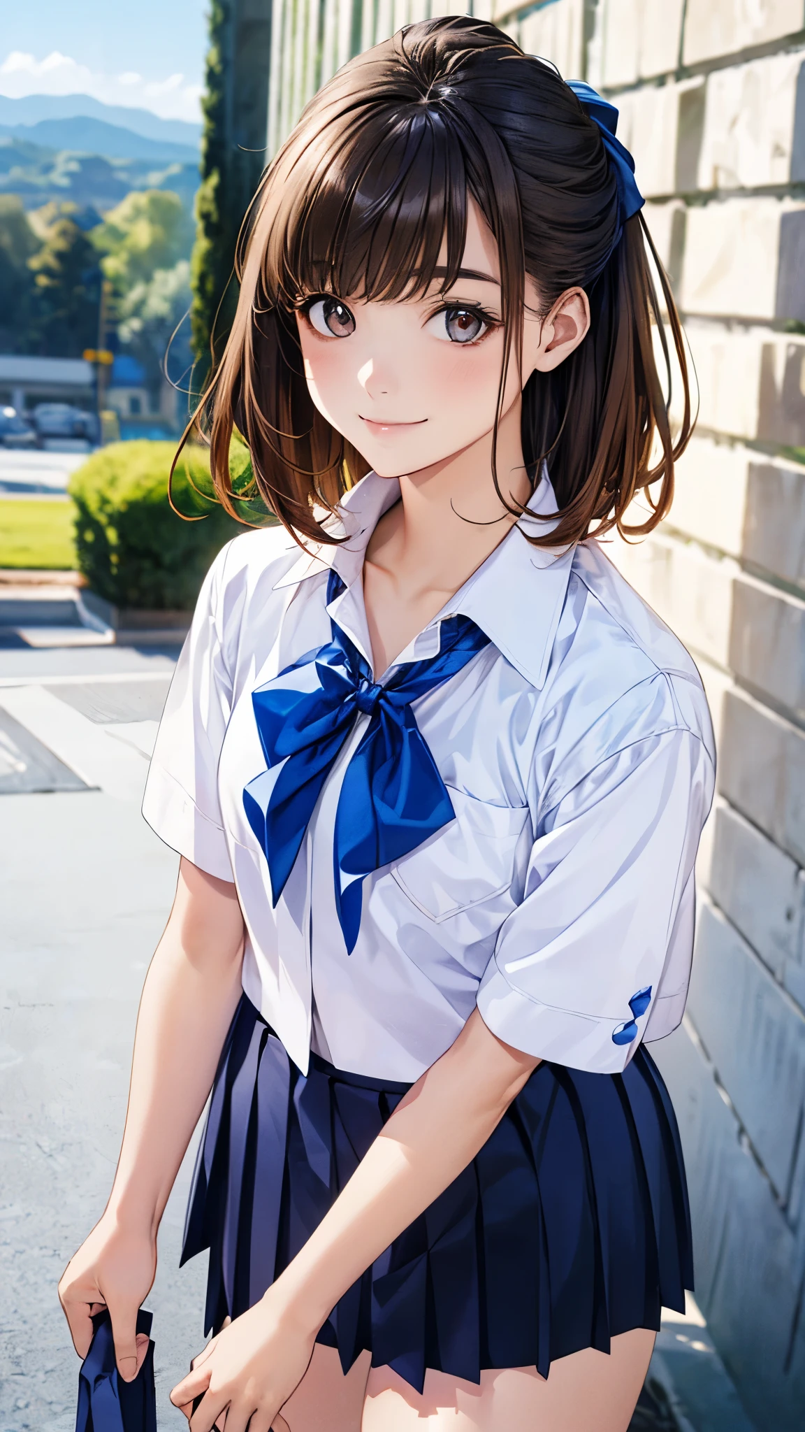 (masterpiece:1.2, top-quality), (realistic, photorealistic:1.4), beautiful illustration, (natural side lighting, movie lighting), 
looking at viewer, 1 girl, japanese,  high school 12 years oldce, cute and symmetrical face, shiny skin, slender, 
(middle hair:1.2, half updo:1.4, light brown hair), asymmetrical bangs, brown eyes, long eye lasher, (medium breasts:0.7), 
beautiful hair, beautiful face, beautiful detailed eyes, beautiful clavicle, beautiful body, beautiful chests, beautiful thigh, beautiful legs, beautiful fingers, 
((detailed cloth texture, short sleeve white collared shirt, blue pleated mini skirt, blue bow tai)), 
(beautiful scenery), evening, (outdoors), standing, (cute, lovely smile, upper eyes),