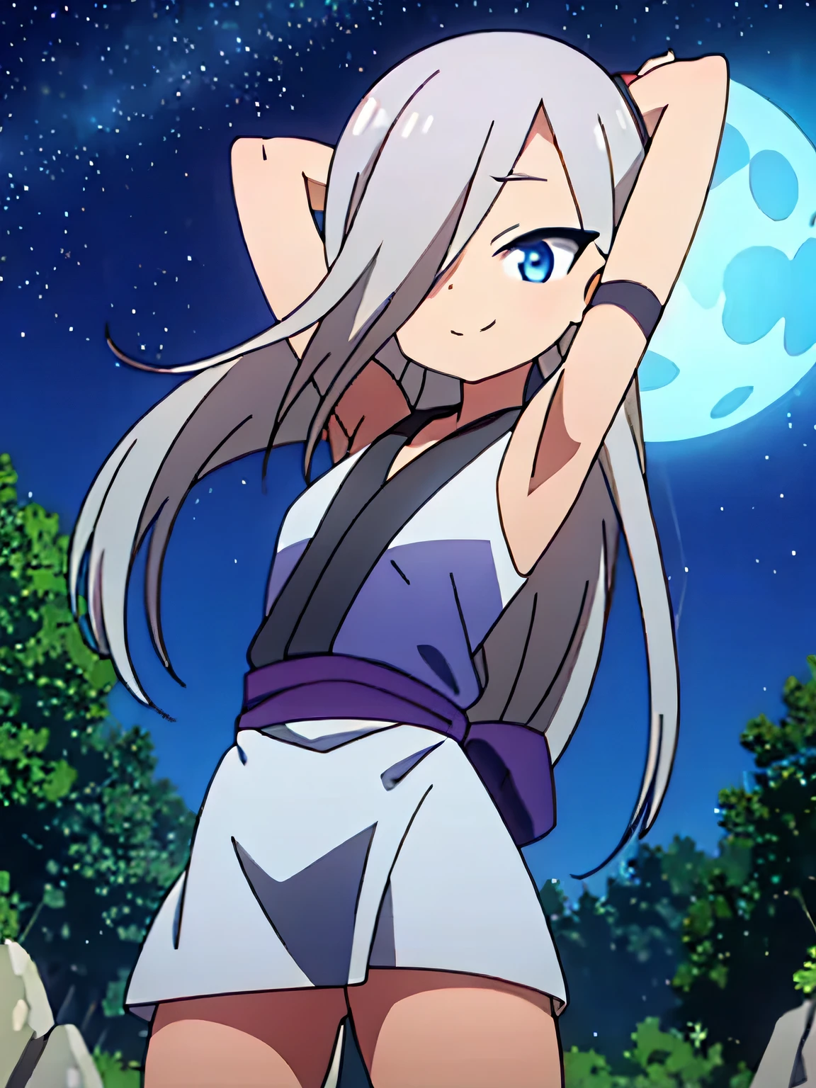 masterpiece, best quality, kunoichi_hototogisu, blue eyes, gray hair, long hair, hair over one eye, anime, closed mouth, solo, cowboy shot, night sky, forest, {arms behind head}, contrapposto, shy smile, spread armpits, shy smile,