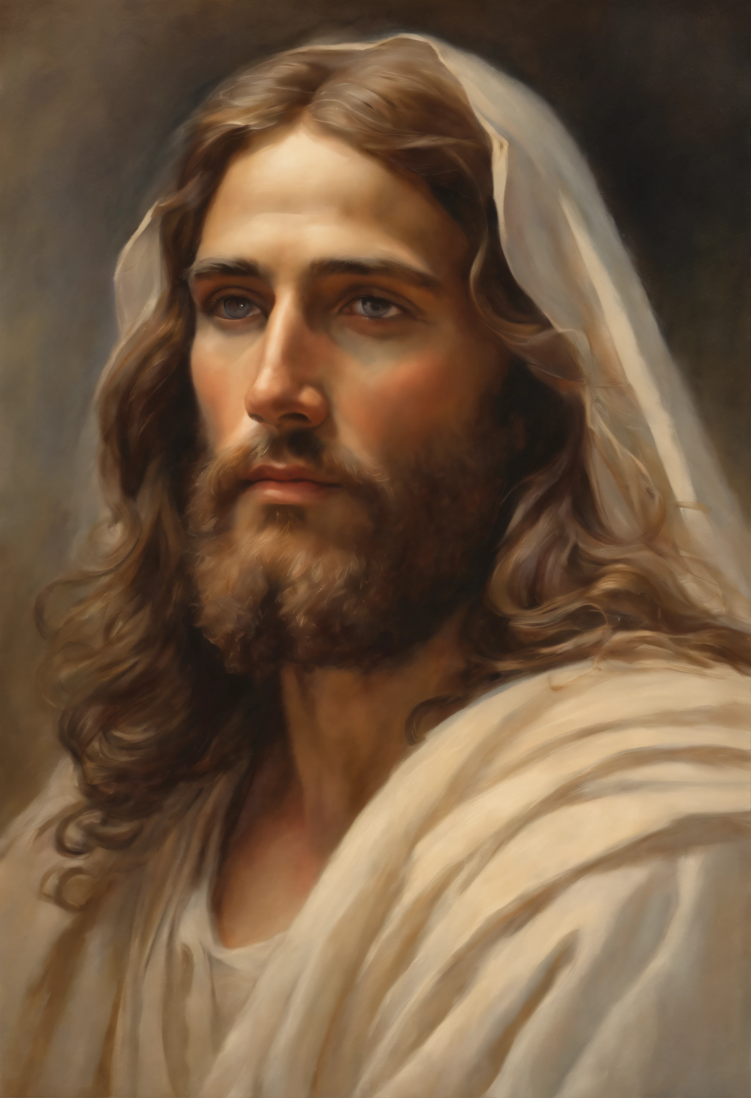 Retrato de Jesus Cristo em estilo aquarela, foco na figura frontal e perfil, perspectiva vertical, estilo pinto-de-agua, texturas naturais, detalhes sutis, tons pastel, tons quentes, efeitos de gota e embaralhamento, linhas suaves, as if hand painted