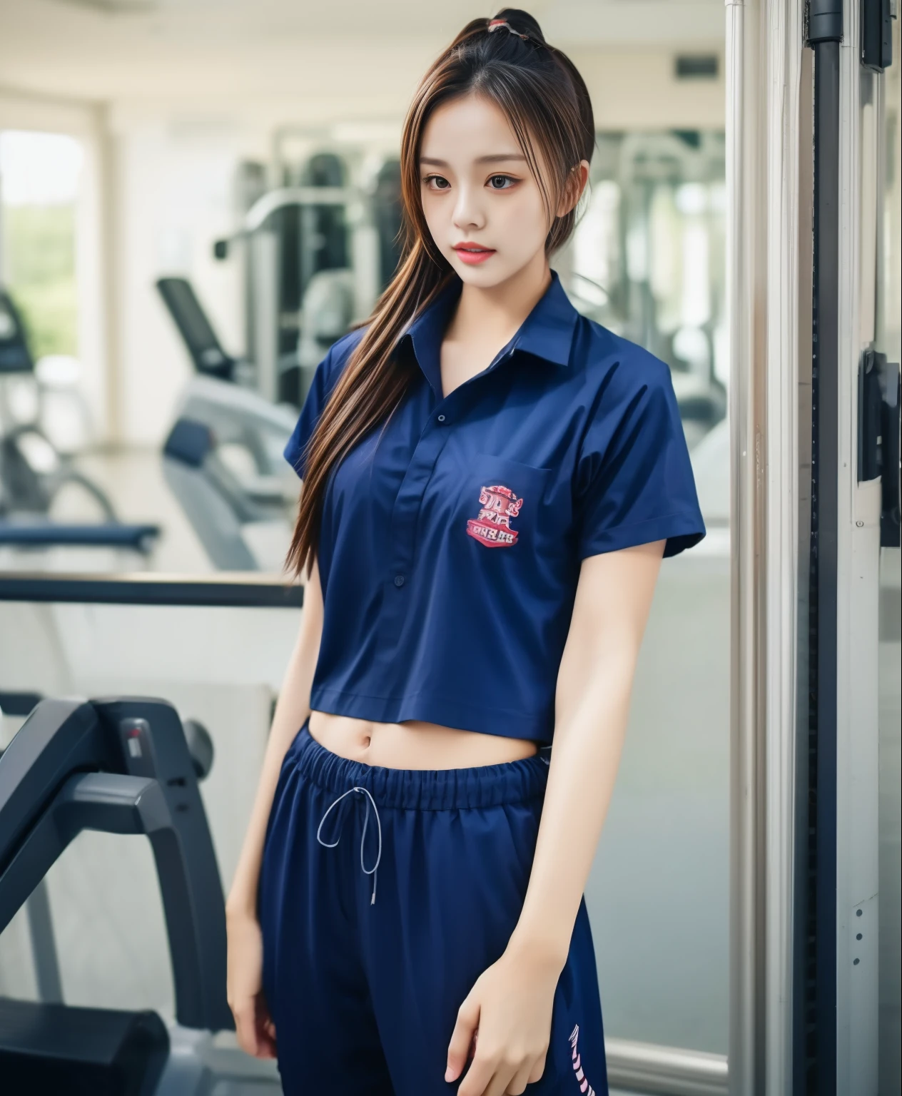 3 girls in fitness center, Navy blue short-sleeved shirt,Navy Long Trackpant,Sweatpants, Sweatpantsขายาว,25 year old girl, lesbian, sexy, exercise clothes, wet body, exercise clothes