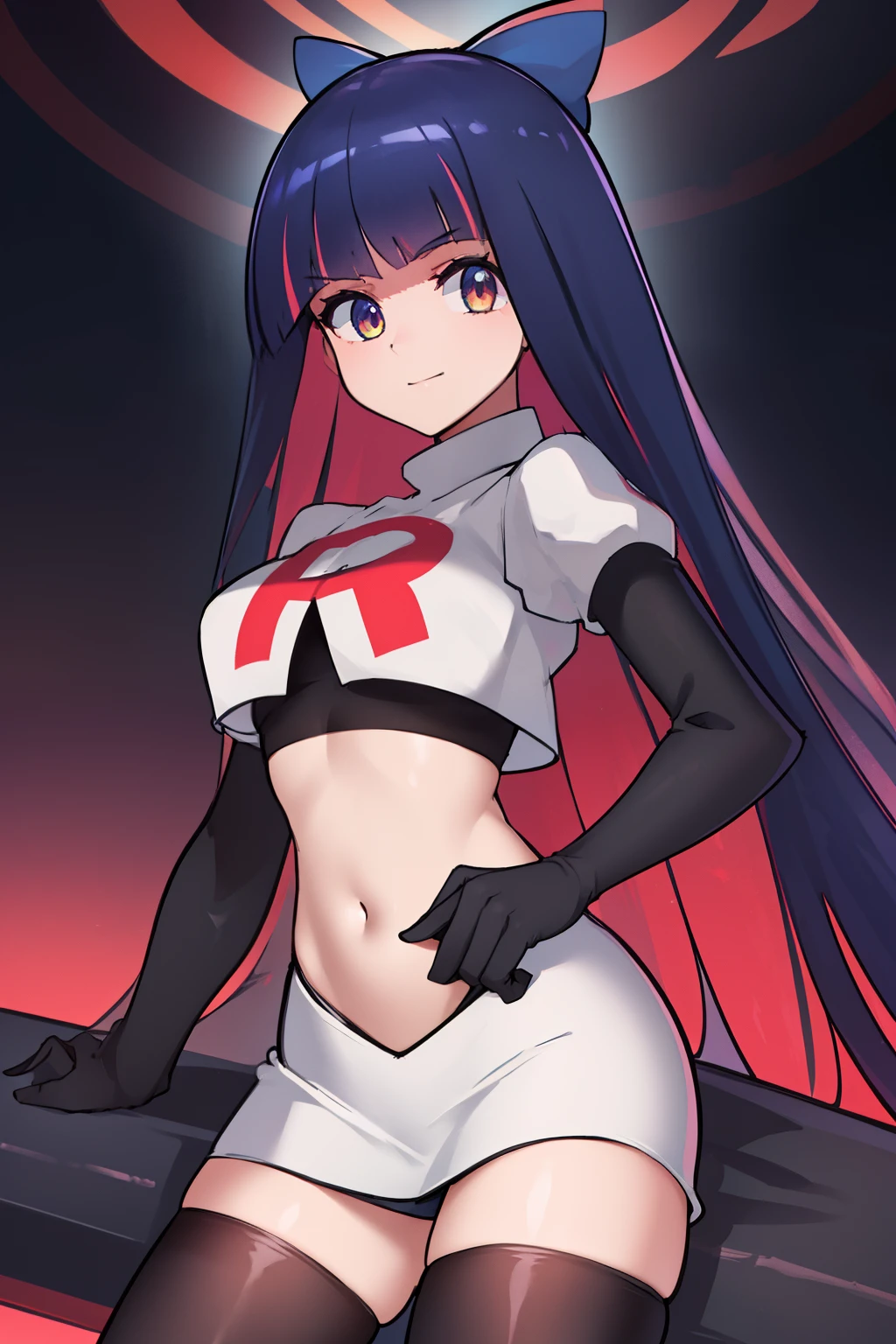 ((extreme detail)),(ultra-detailed),(painting), chiaroscuro, extremely detailed CG unity 8k wallpaper, best quality, anarchy stocking, hair bow, black adjusting hair, simple background, team rocket,team rocket uniform,white skirt,red letter R,crop top,black thigh-highs,black elbow gloves