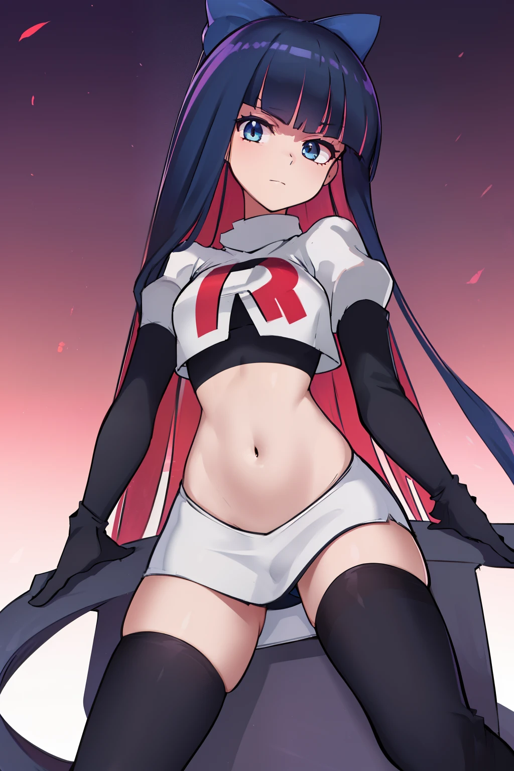 ((extreme detail)),(ultra-detailed),(painting), chiaroscuro, extremely detailed CG unity 8k wallpaper, best quality, anarchy stocking, hair bow, black adjusting hair, simple background, team rocket,team rocket uniform,white skirt,red letter R,crop top,black thigh-highs,black elbow gloves