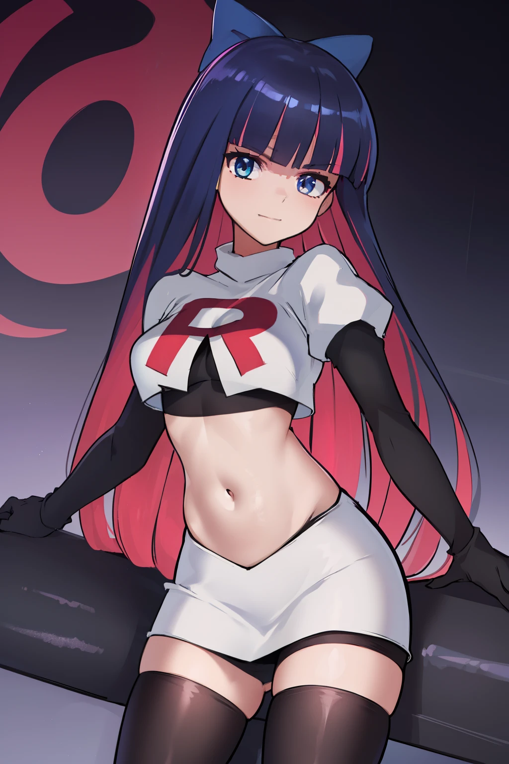 ((extreme detail)),(ultra-detailed),(painting), chiaroscuro, extremely detailed CG unity 8k wallpaper, best quality, anarchy stocking, hair bow, black adjusting hair, simple background, team rocket,team rocket uniform,white skirt,red letter R,crop top,black thigh-highs,black elbow gloves