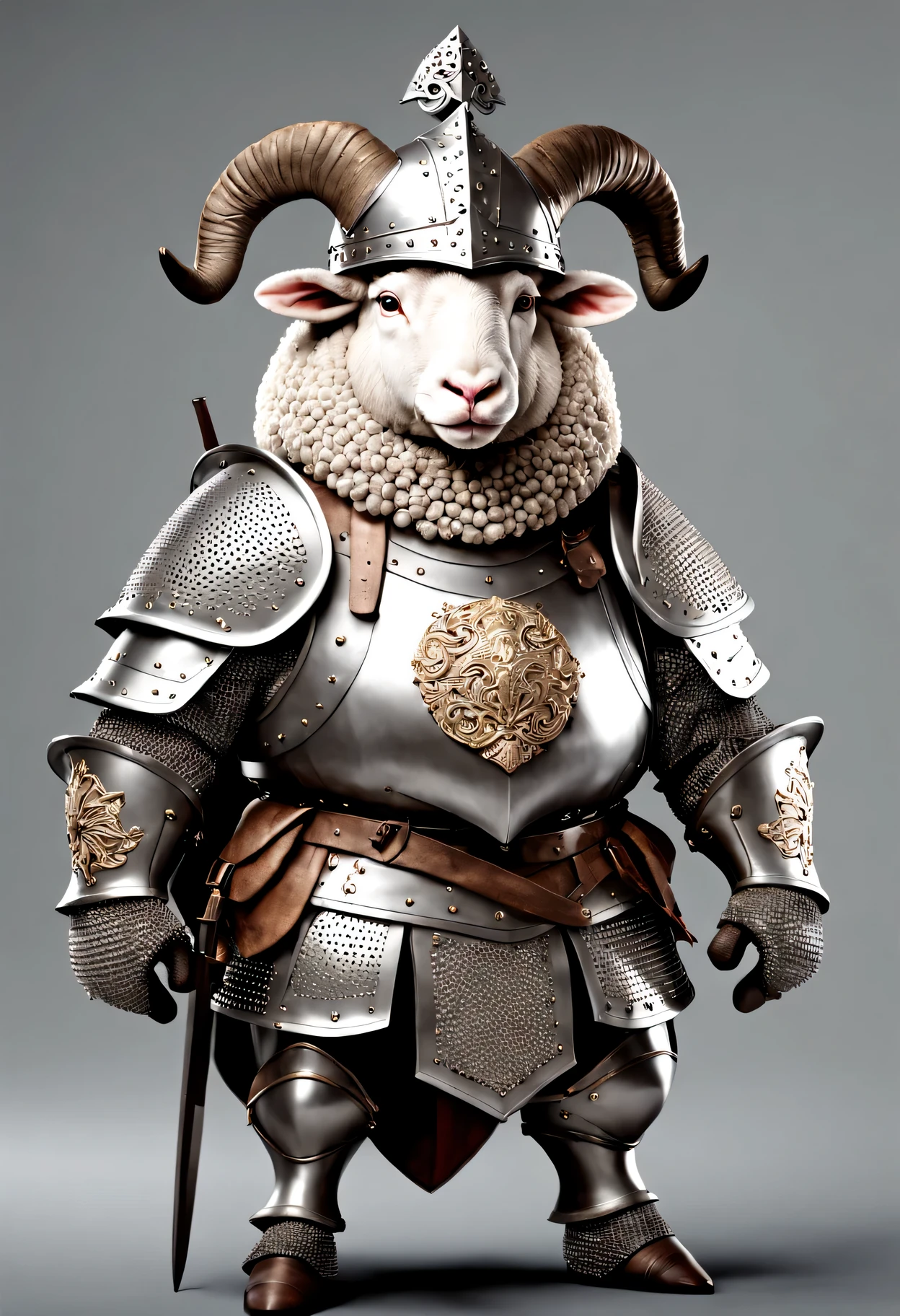 photorealistic portrait of Dressed animals - a ((fat)) sheep warrior,(brave pose), high quality,(lovely) ,intricate details, highly detailed ((medieval armor and helmet)) ,,highly detailed decorations, , (brave), studio lighting,(full body image:1.5)