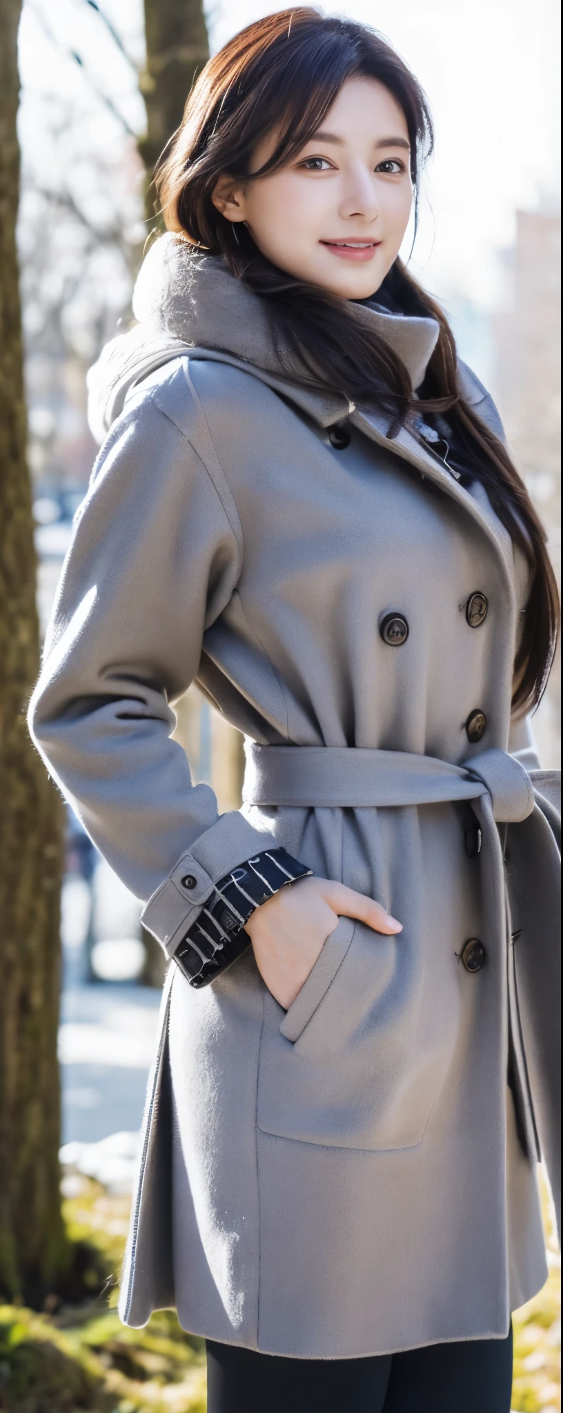 (((32K,very high res, high detailing, highly accurate,Masterpiece Girl 1:1.5))), Raw photo & realistic atmosphere, beautiful dark blue eyes,Detailed mouth,Glossy lips,Detailed eyebrows,Soft white skin that shines with every detail, Eyes drawn in detail(Full body:1), 1 noble elegant Japanese lady, (standing contrapposte), winter season, ((black color coodinate, wearing over-size nouton coat, winter fluffy scarf, grey long skirt, legging, wearing long boots)), Shiny, Smile, Looks like 1.8 meters tall, large pelvis, Large breasts, big cuvy hips, Thin waist, Long legs, skin hyper-detail, 20 years old, Perfect face, (Detailed facial features), Wavy hair, Daylight, winter season, snazzy cafe,