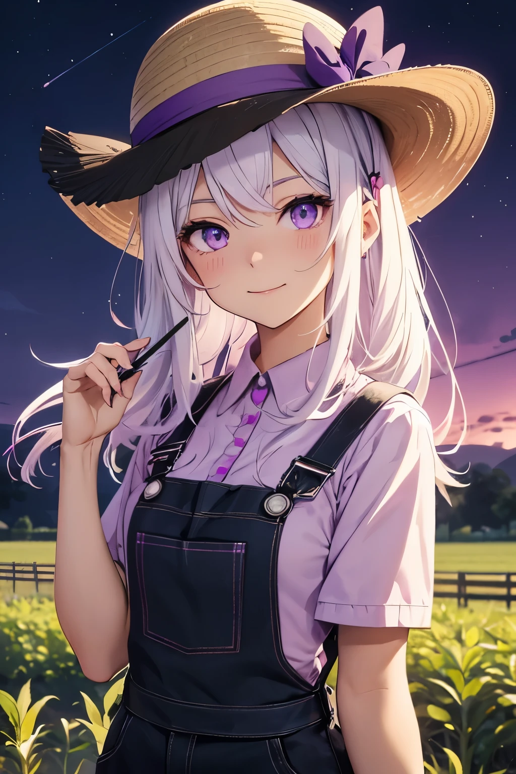 Anime Girl with White Hair, Purple Eyes, Wearing a Straw Hat with a Magenta Ribbon, Purple Shirt and Black Overalls and Black Shoes, Happy Expression, Farm Background, Night Sky, Midnight Atmosphere, Chill, Peaceful, Close-up Portrait