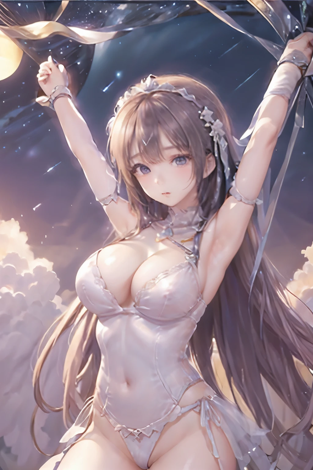 ((masterpiece、Super detailed、intricate details、high quality、clear、delicate、Accurate、An illustration))、goddess （（silver hair、18-year-old、150cm、40km、C cup、shyness、blush、Watery eye、thin、enamel leotard、cleavage exposed、shining tiara、pleasure））、full moon、moonlight、full body figure:1.4、Overall view、View from a distance、meteor、comets、looking straight ahead、bdsm（（crucifixion、Lockに縛られている、first round、shackles、fetters、slave、Estrus、orgasm、Lock、bondage、bondage、cross））