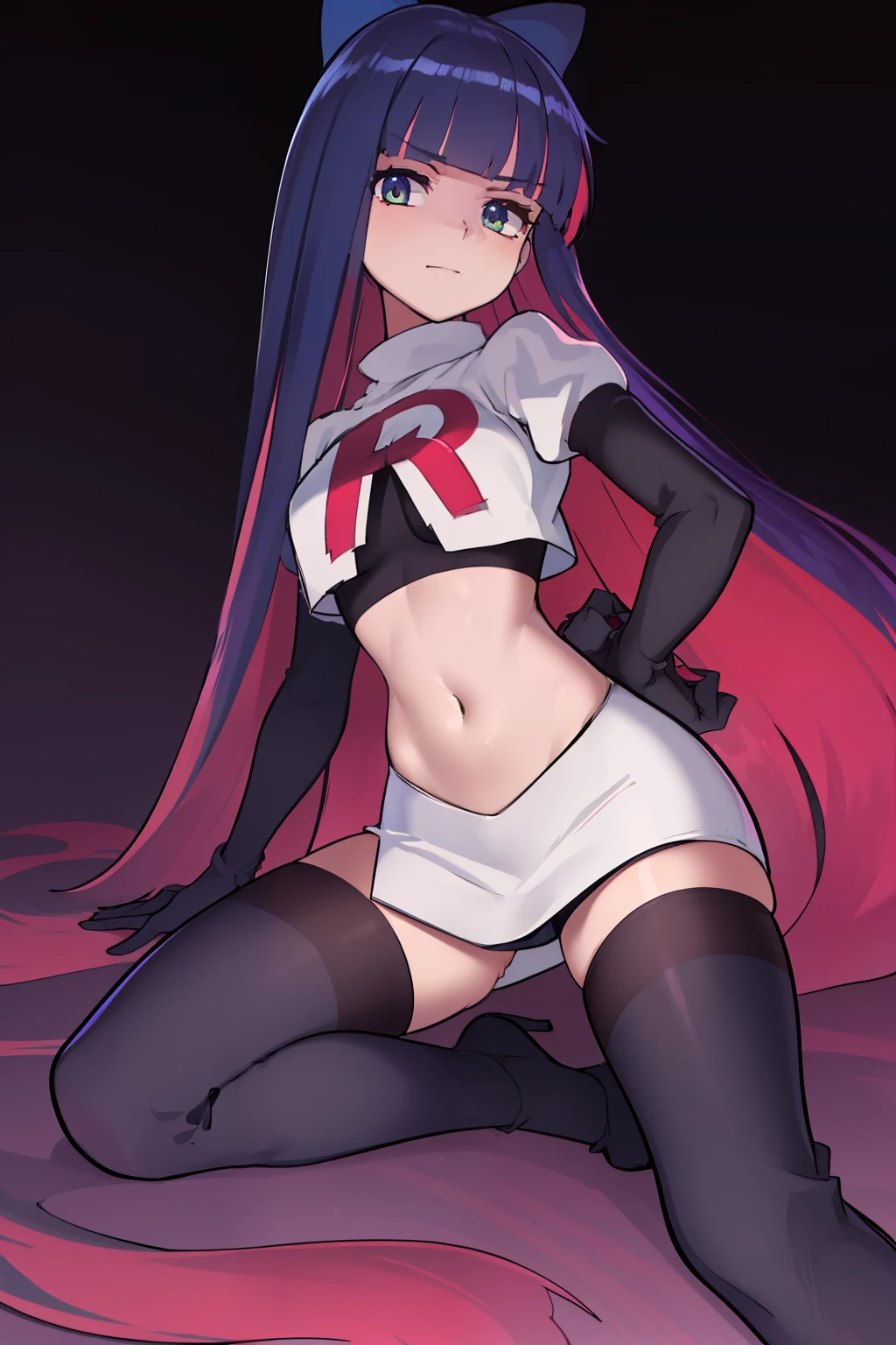 ((extreme detail)),(ultra-detailed),(painting), chiaroscuro, extremely detailed CG unity 8k wallpaper, best quality, anarchy stocking, hair bow, black adjusting hair, simple background, team rocket,team rocket uniform,white skirt,red letter R,crop top,black thigh-highs,black elbow gloves