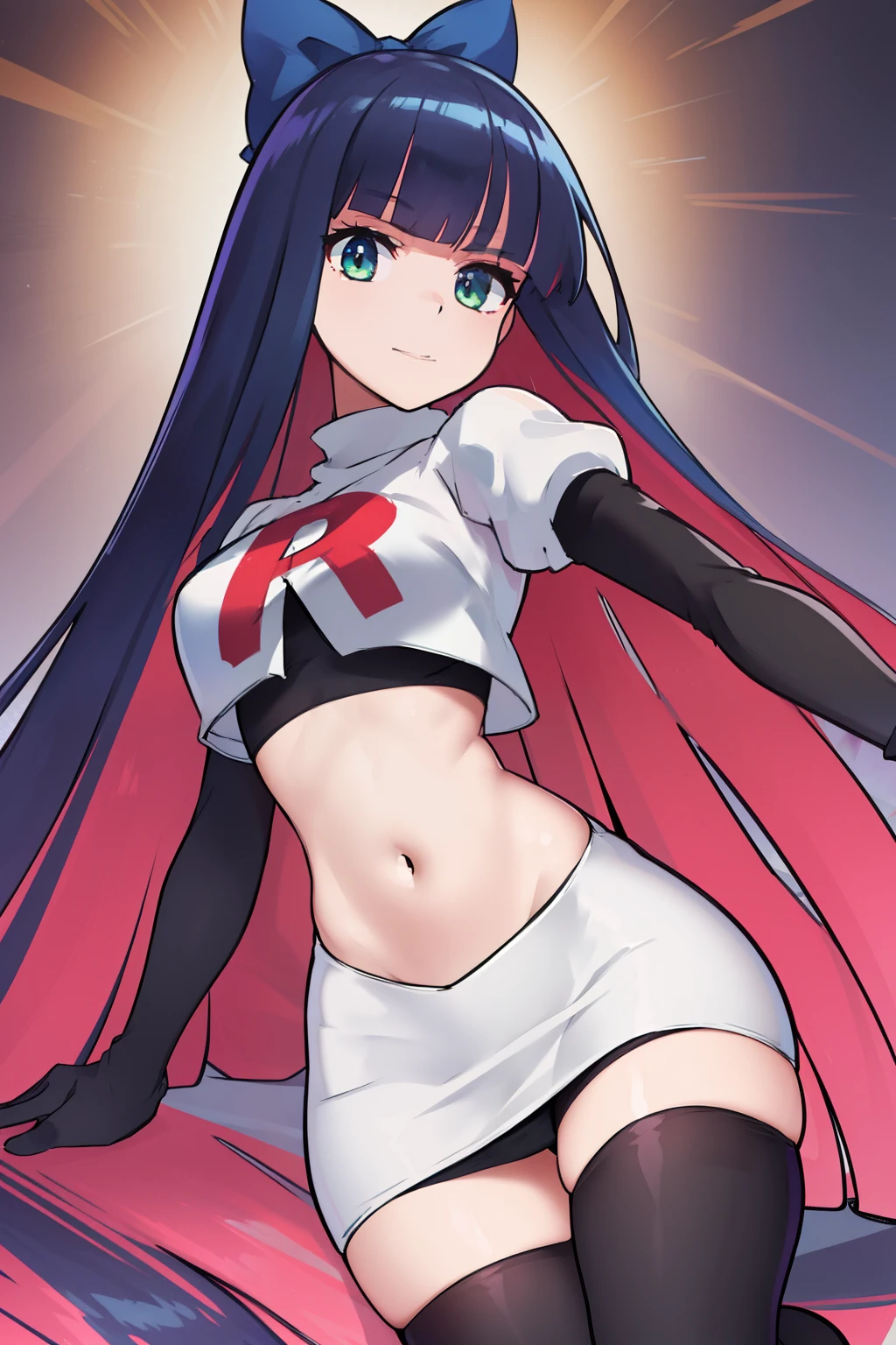 ((extreme detail)),(ultra-detailed),(painting), chiaroscuro, extremely detailed CG unity 8k wallpaper, best quality, anarchy stocking, hair bow, black adjusting hair, simple background, team rocket,team rocket uniform,white skirt,red letter R,crop top,black thigh-highs,black elbow gloves