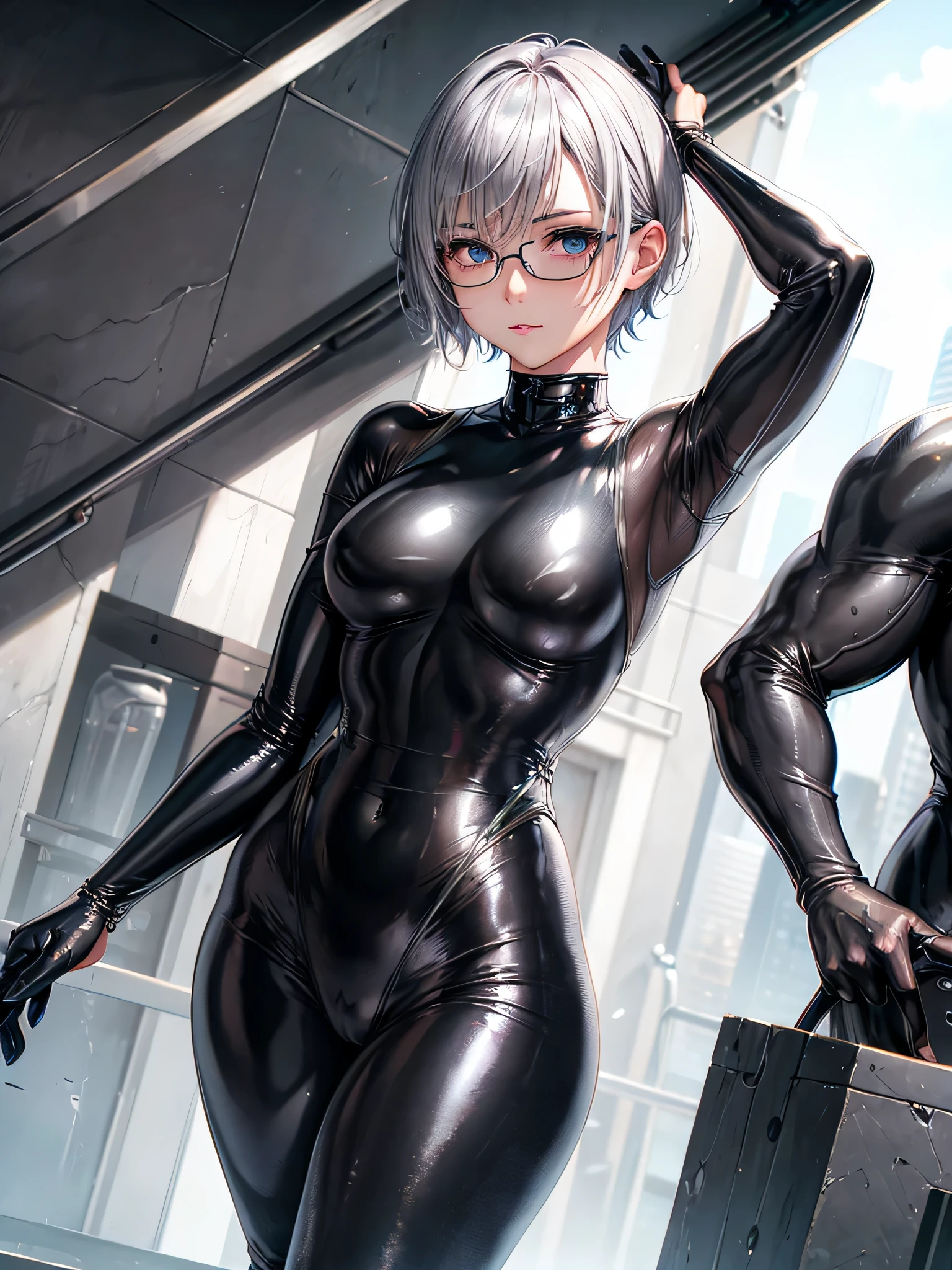 Top quality 8K UHD、short hair、pieces fly、cute eyes、silver hair、Glasses、logic、Full body gloss、Beautiful woman wearing a full-body black metallic suit、A black rubber suit that hides your lustrous skin