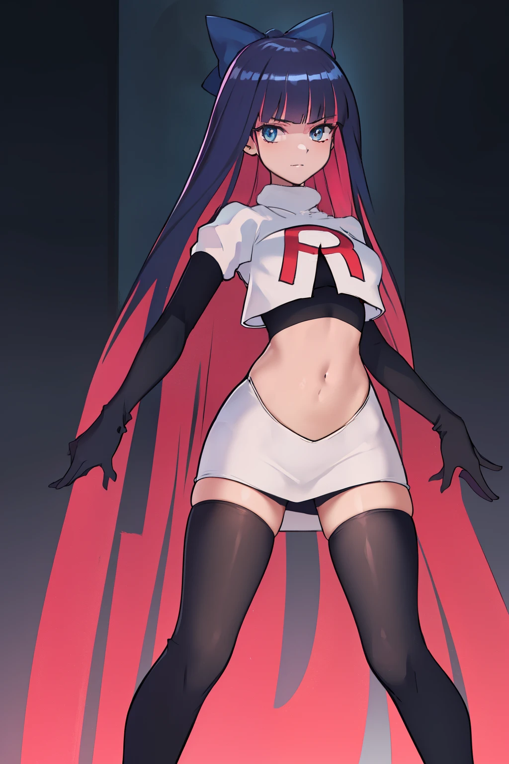 ((extreme detail)),(ultra-detailed),(painting), chiaroscuro, extremely detailed CG unity 8k wallpaper, best quality, anarchy stocking, hair bow, black adjusting hair, simple background, team rocket,team rocket uniform,white skirt,red letter R,crop top,black thigh-highs,black elbow gloves