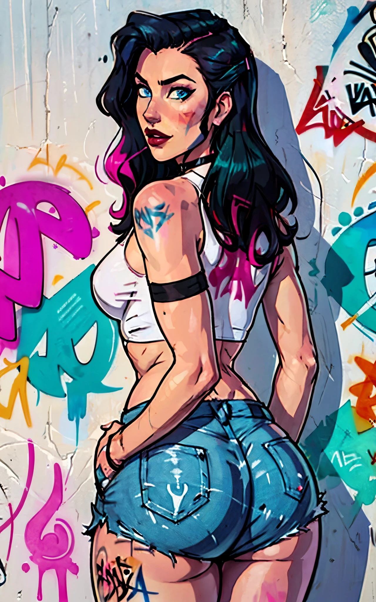 masterpiece, best quality, 25 years old beautiful woman, long hair, (mature face:1.4), 1woman, solo, crop top, denim shorts, choker, (from behind:1.4), plumb ass, thick thighs, thin waist, (graffiti:1.5), paint splatter, arms behind back, against wall, looking at viewer, armband, thigh strap, paint on body, head tilt, bored, multicolored hair (pink, blue), aqua eyes, headset, 