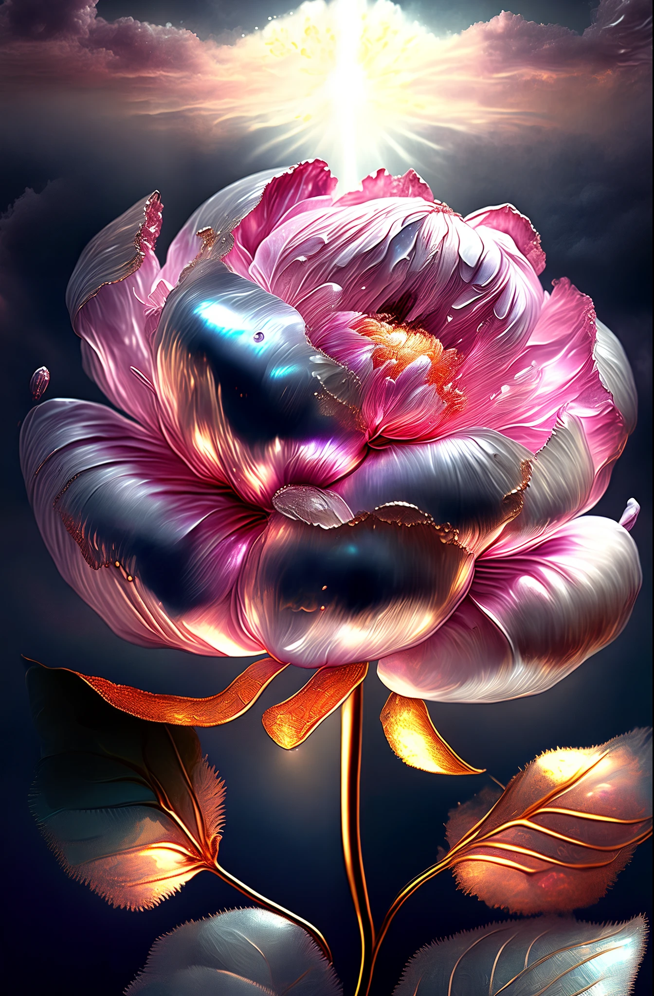 Peony flower, Super transparent, holy Luz, beautiful spectrum Luz, petals that shine, Reluciente, fondo oscuro, transparent Luz drops, reflected Luz, brillante, Luz streaming in, Optician, Silueta de retrato, Sharp focus, magical, intrincado, Hyper realistic, fancy, compositing, Luz, Art Station Trend, Perla, patron saint silver vapor cloud, Family of corroded enveloping rays, 8k, real ar 23v4 upLuz