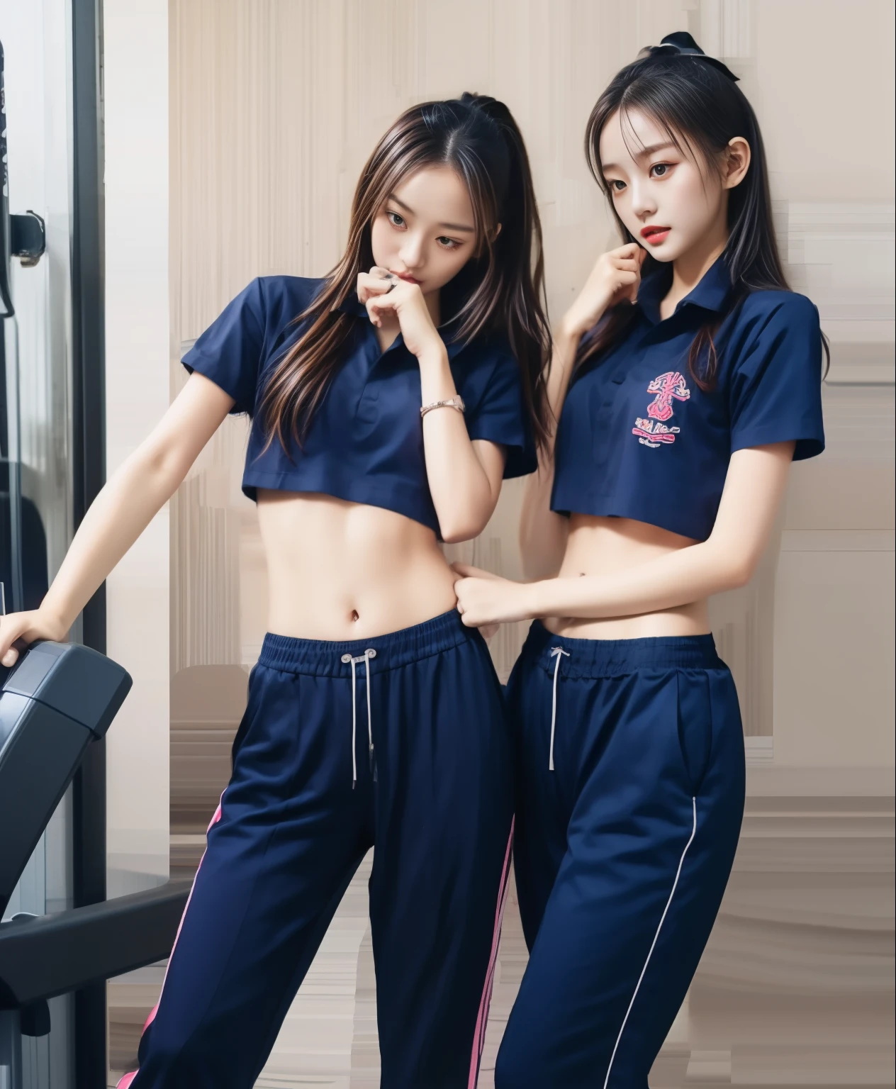 3 girls in fitness center, Navy blue short-sleeved shirt,Navy Long Trackpant,Sweatpants, Sweatpantsขายาว,25 year old girl, lesbian, sexy, exercise clothes, wet body, exercise clothes