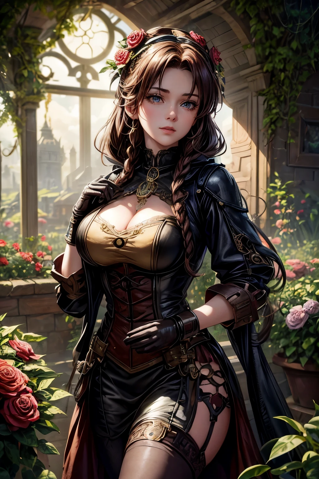 a steampunk-inspired scene, with a beautiful girl in a garden, surrounded by gears, brass pipes, and mechanical contraptions. Her eyes are detailed and mesmerizing, with long eyelashes. She has ruby red lips that add a pop of color to her pale complexion. She wears a corseted dress, adorned with gears, and accessorized with leather gloves and goggles. Her hair is styled in intricate braids and adorned with metal ornaments. The scene is set in a lush garden, filled with vintage roses and twisted vines, with a backdrop of an industrial cityscape. The color palette is rich and warm, with shades of vintage gold, copper, and deep crimson. The lighting is dramatic, with rays of warm sunlight cutting through the steam-filled air. The contraptions in the garden emit steam, creating a sense of motion and energy. The overall image quality is of the highest standard, with ultra-detailed elements and a realistic, photorealistic quality. The composition is carefully crafted, with a focus on the girl and the intricate details of the steampunk world. The art style is a fusion of Victorian aesthetics and futuristic technology, capturing the essence of steampunk. The prompt: (best quality, 4k, highres, masterpiece:1.2), ultra-detailed, realistic:1.37, steampunk, girl in a garden, gears, brass pipes, mechanical contraptions, beautiful detailed eyes, beautiful detailed lips, long eyelashes, corseted dress with gears, leather gloves, goggles, lush garden, vintage roses, twisted vines, industrial cityscape, vintage gold, copper, deep crimson, dramatic lighting, steam-filled air.